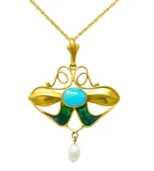 Art Nouveau Turquoise Enamel Natural Pearl Floral Drop Pendant Necklace