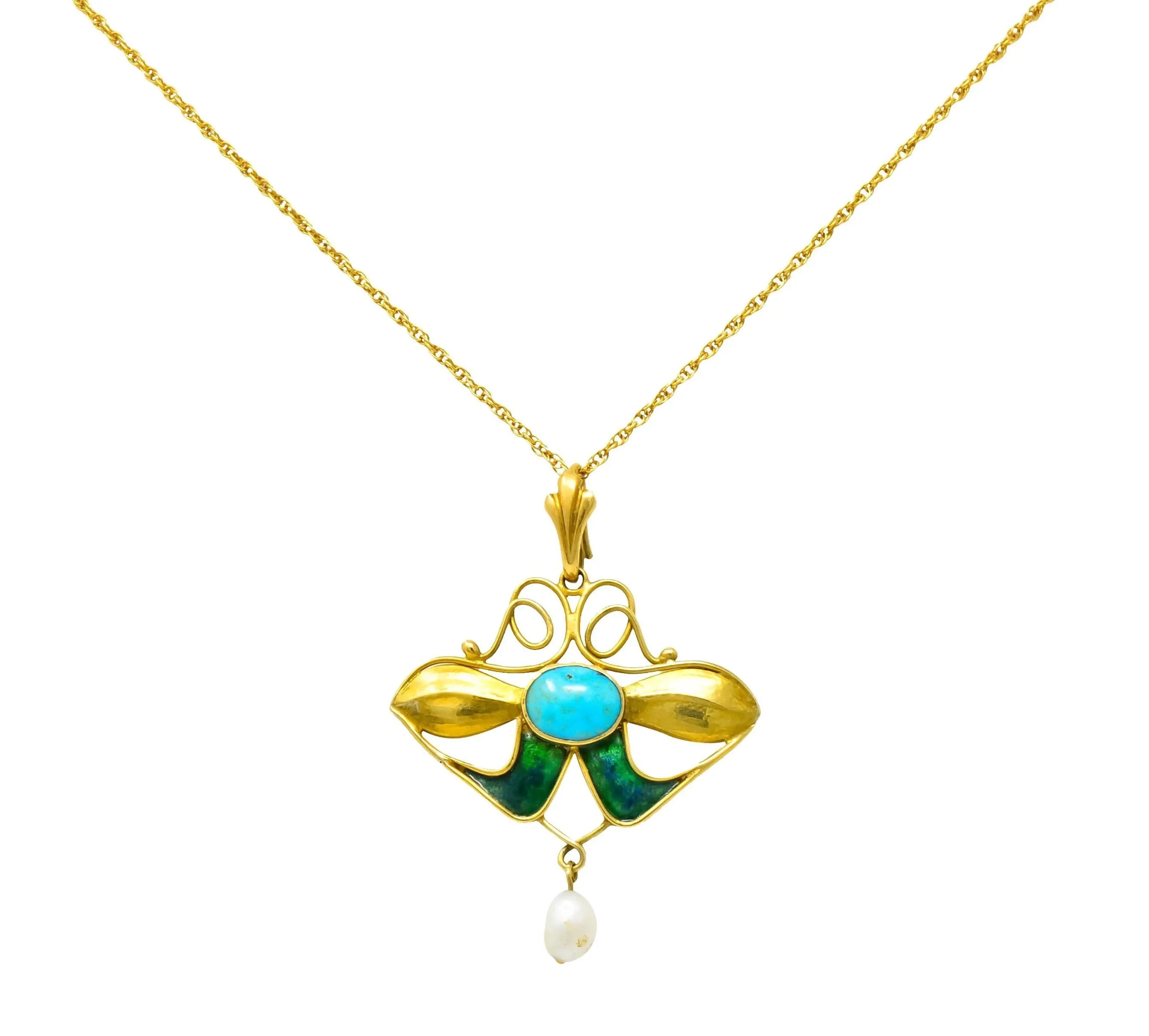 Art Nouveau Turquoise Enamel Natural Pearl Floral Drop Pendant Necklace