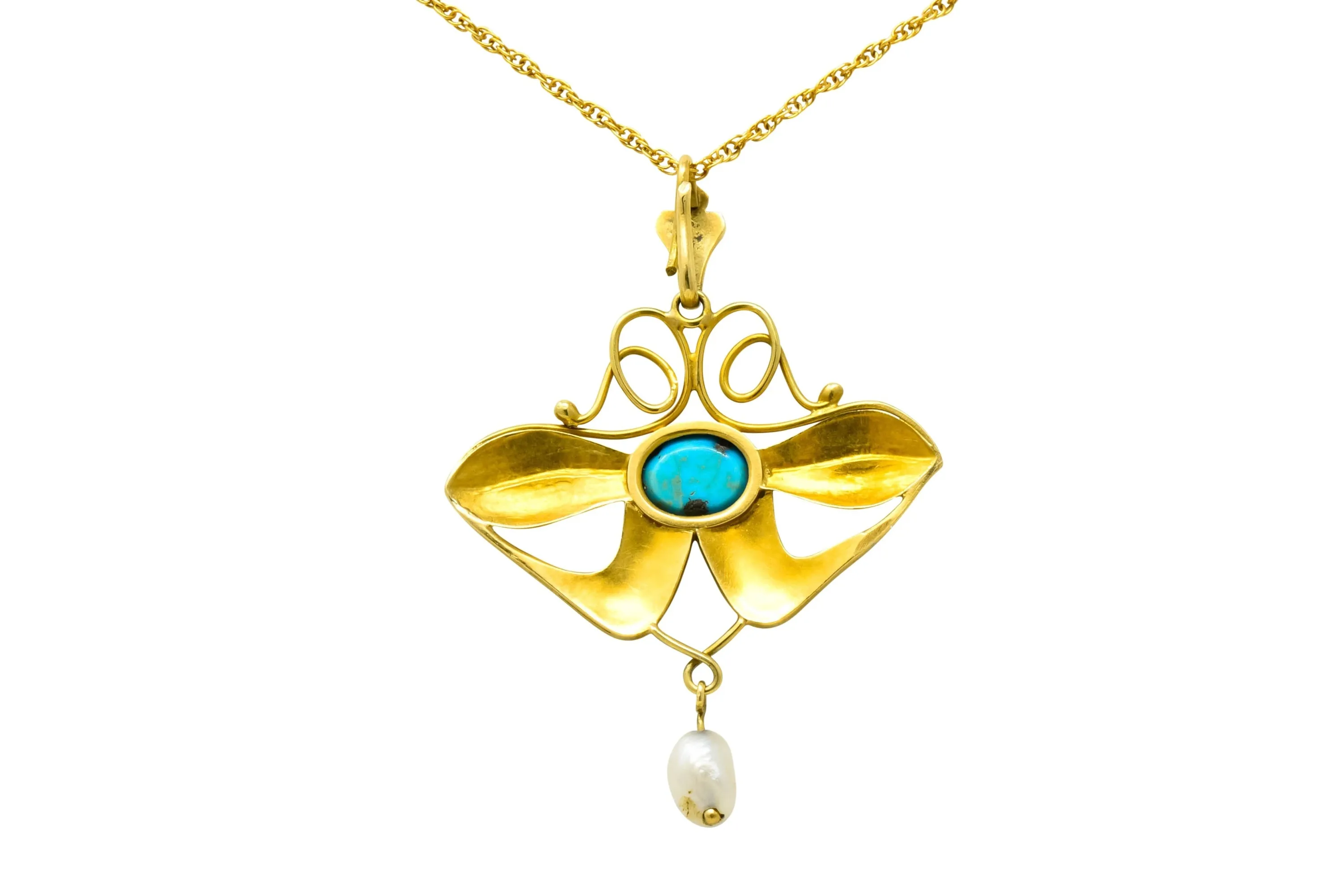 Art Nouveau Turquoise Enamel Natural Pearl Floral Drop Pendant Necklace