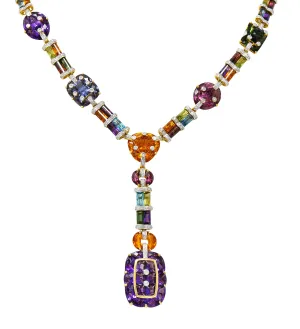 Bellarri Multi-Gem Diamond 18 Karat Two-Tone Gold Convertible Gemstone Station Enhancer Drop Collar Necklace