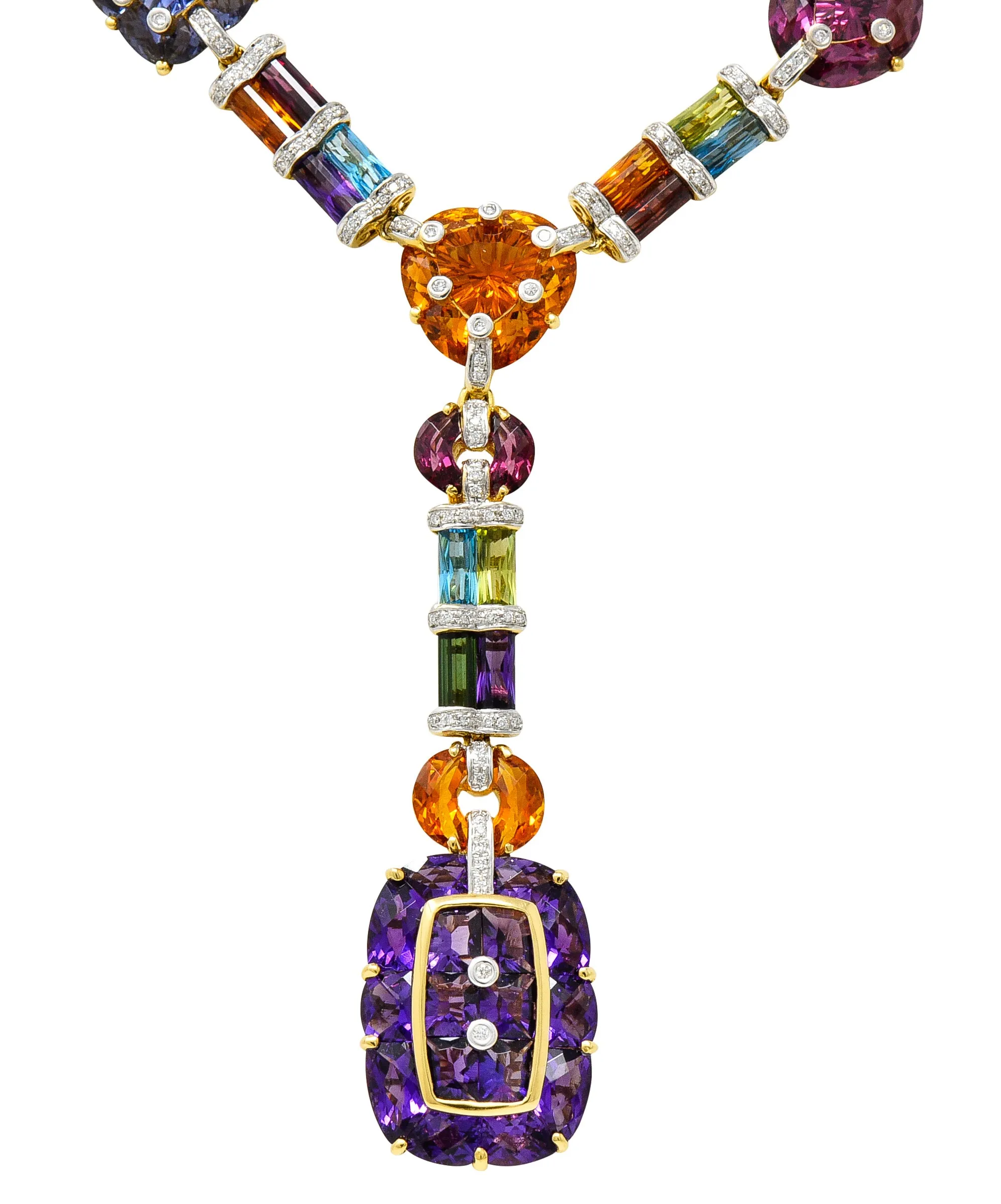 Bellarri Multi-Gem Diamond 18 Karat Two-Tone Gold Convertible Gemstone Station Enhancer Drop Collar Necklace
