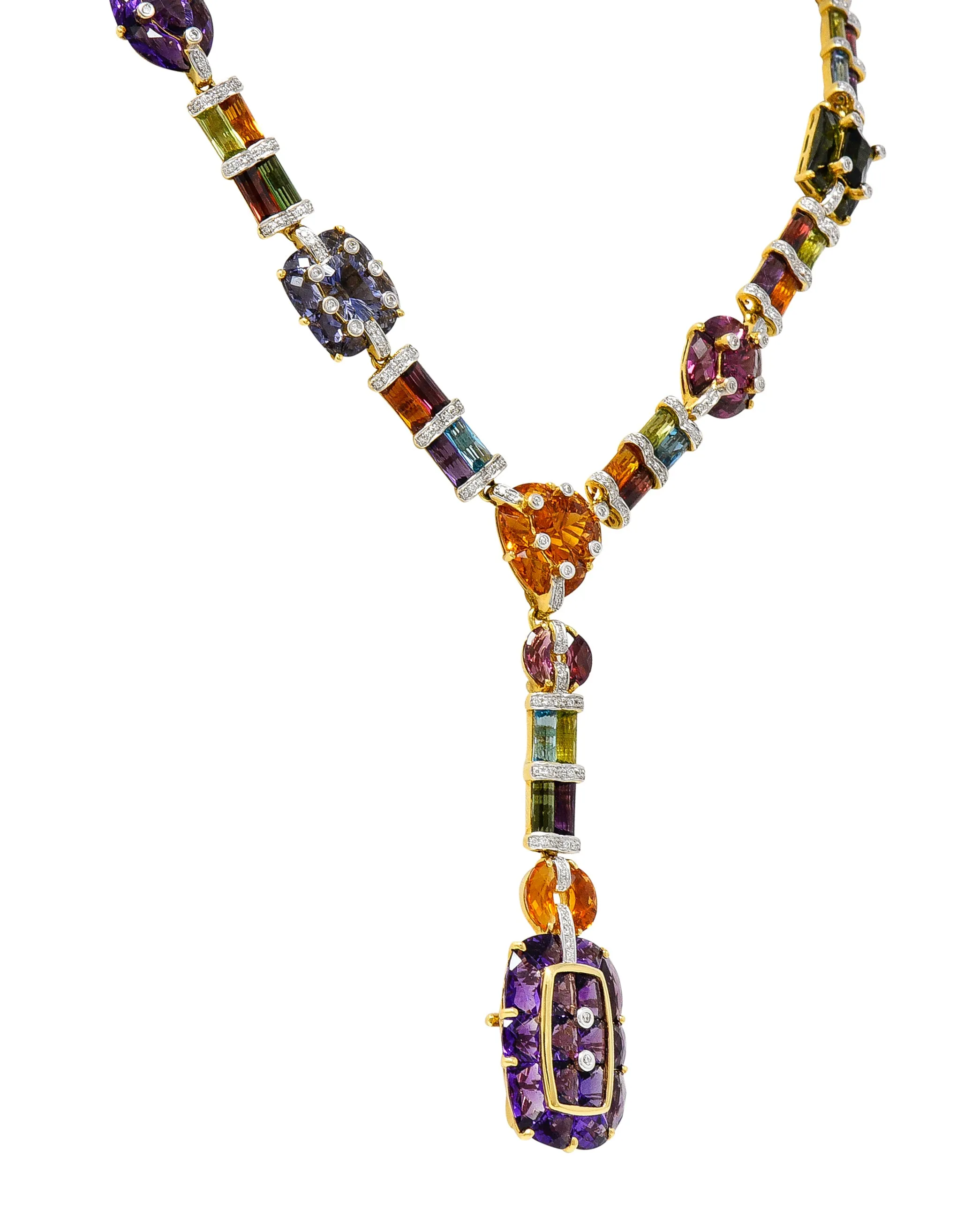 Bellarri Multi-Gem Diamond 18 Karat Two-Tone Gold Convertible Gemstone Station Enhancer Drop Collar Necklace