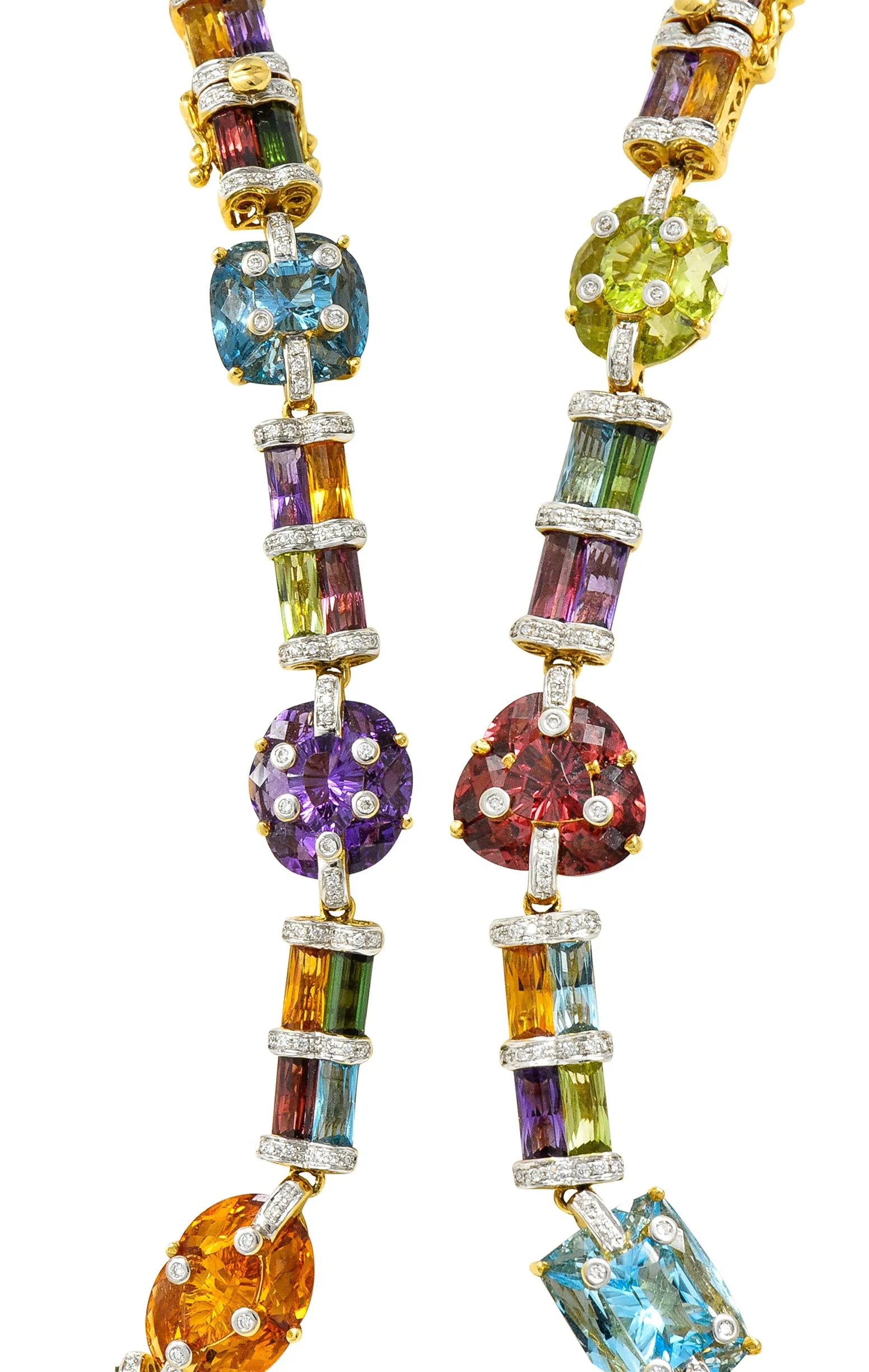 Bellarri Multi-Gem Diamond 18 Karat Two-Tone Gold Convertible Gemstone Station Enhancer Drop Collar Necklace