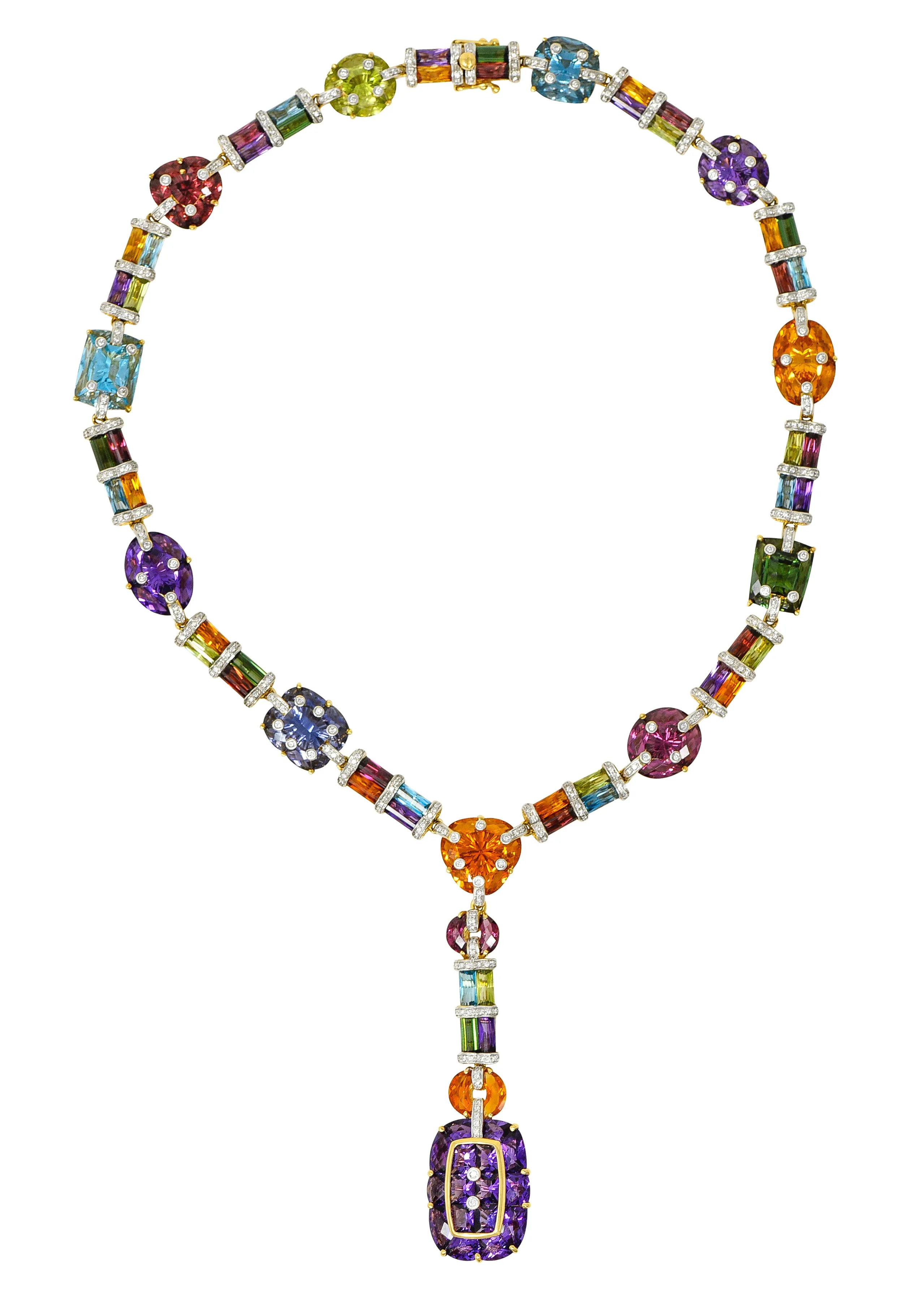 Bellarri Multi-Gem Diamond 18 Karat Two-Tone Gold Convertible Gemstone Station Enhancer Drop Collar Necklace