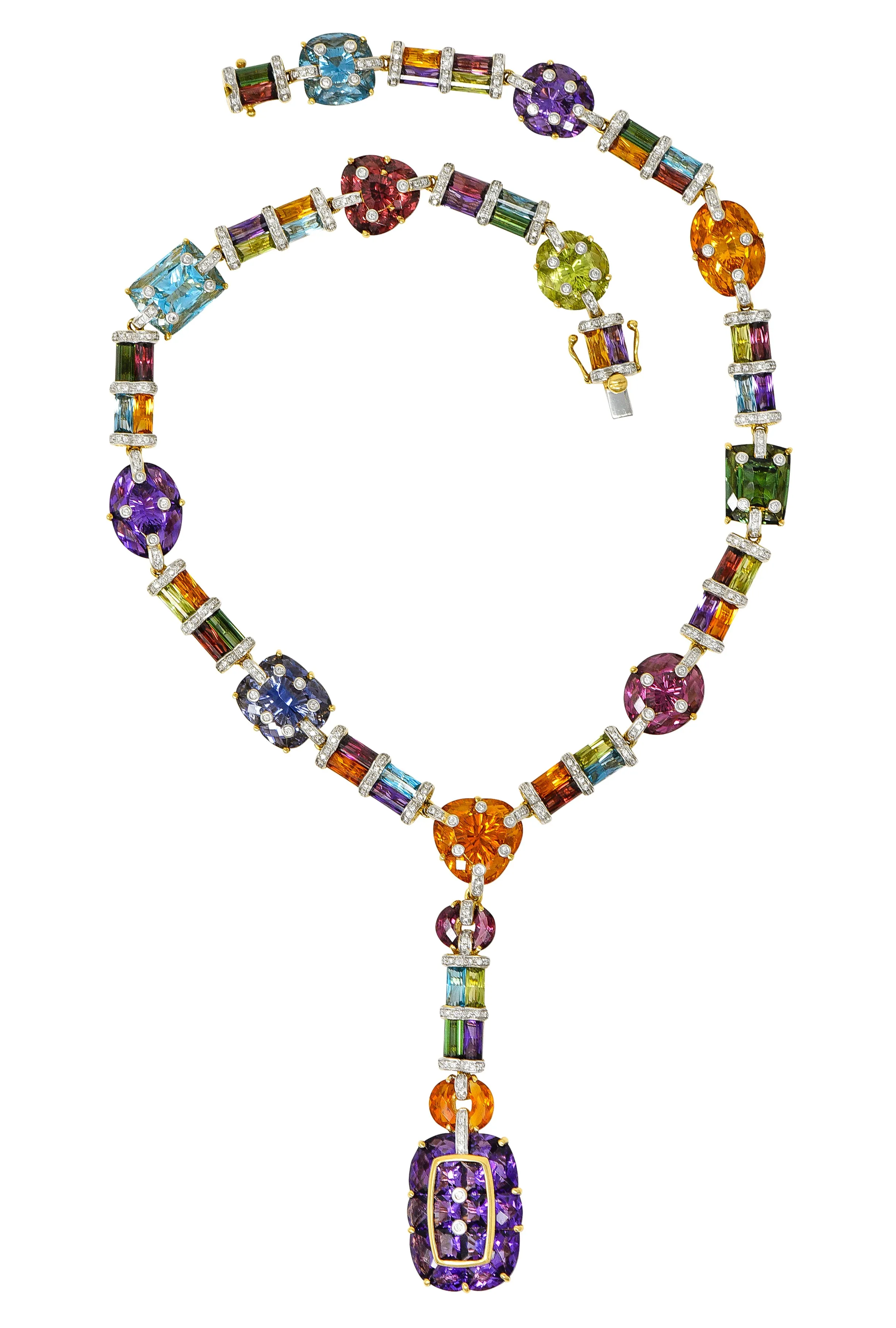 Bellarri Multi-Gem Diamond 18 Karat Two-Tone Gold Convertible Gemstone Station Enhancer Drop Collar Necklace