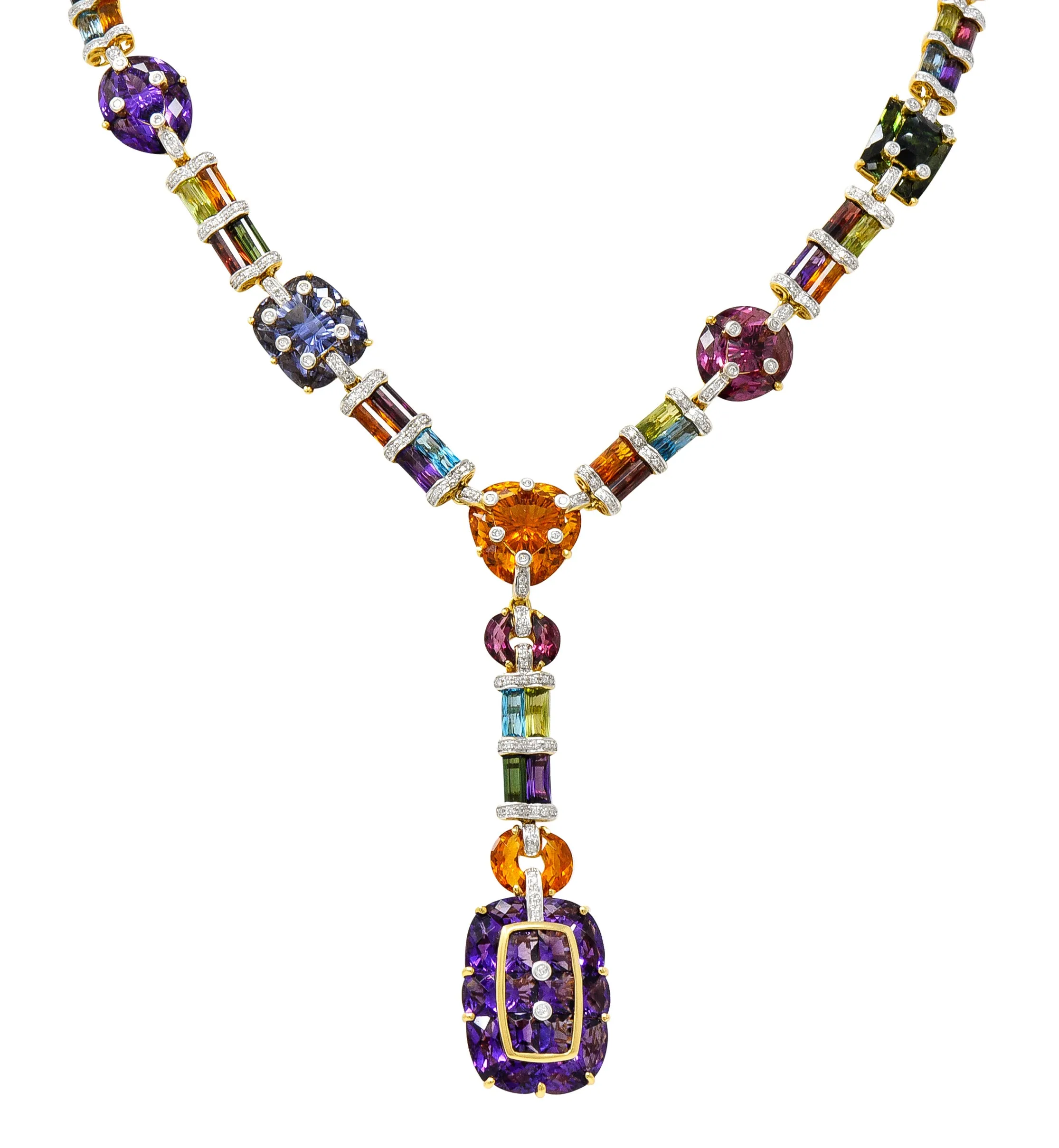 Bellarri Multi-Gem Diamond 18 Karat Two-Tone Gold Convertible Gemstone Station Enhancer Drop Collar Necklace
