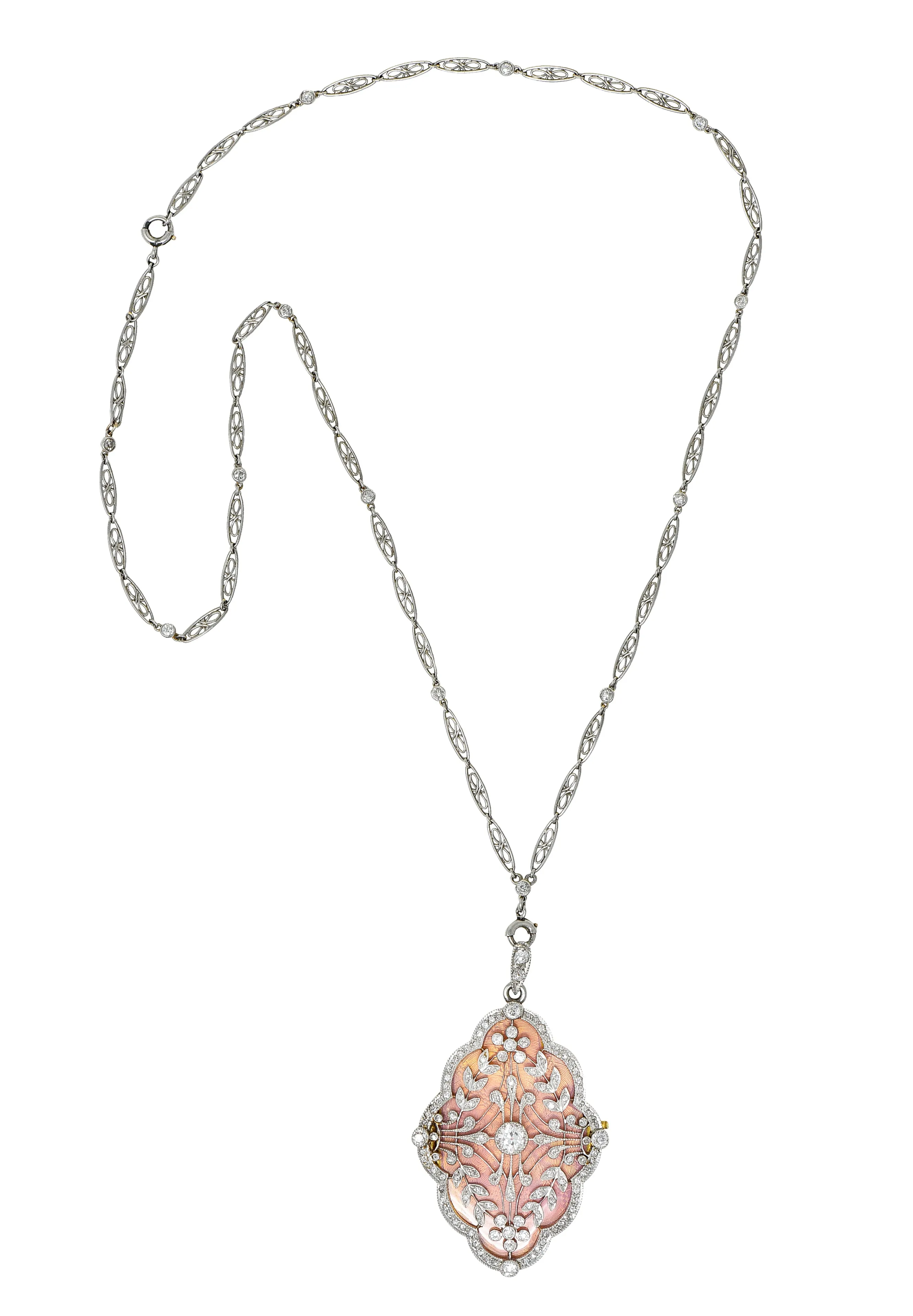Belle Epoque Diamond Antique Enamel Platinum 18 Karat Gold Convertible Locket Pendant Necklace