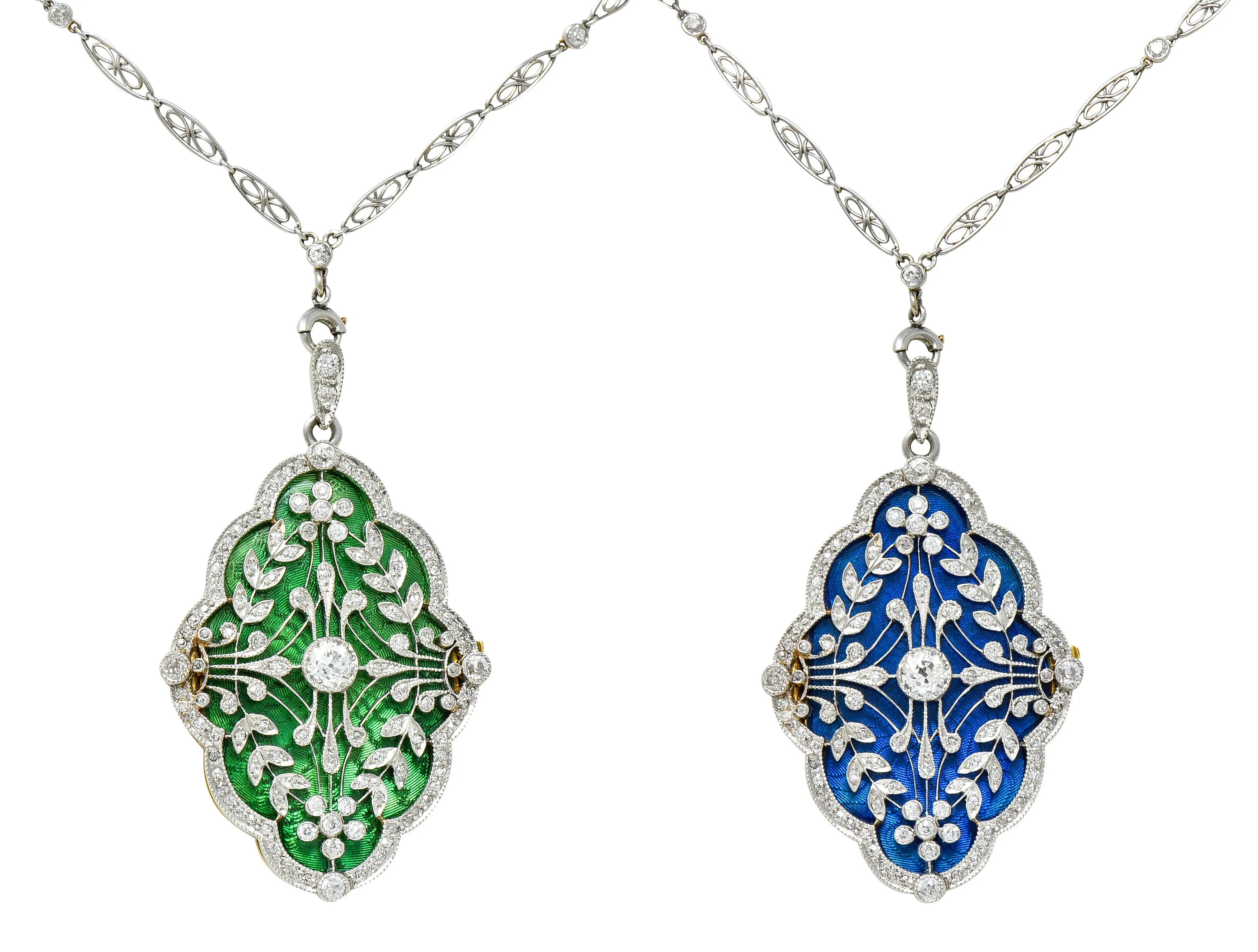 Belle Epoque Diamond Antique Enamel Platinum 18 Karat Gold Convertible Locket Pendant Necklace