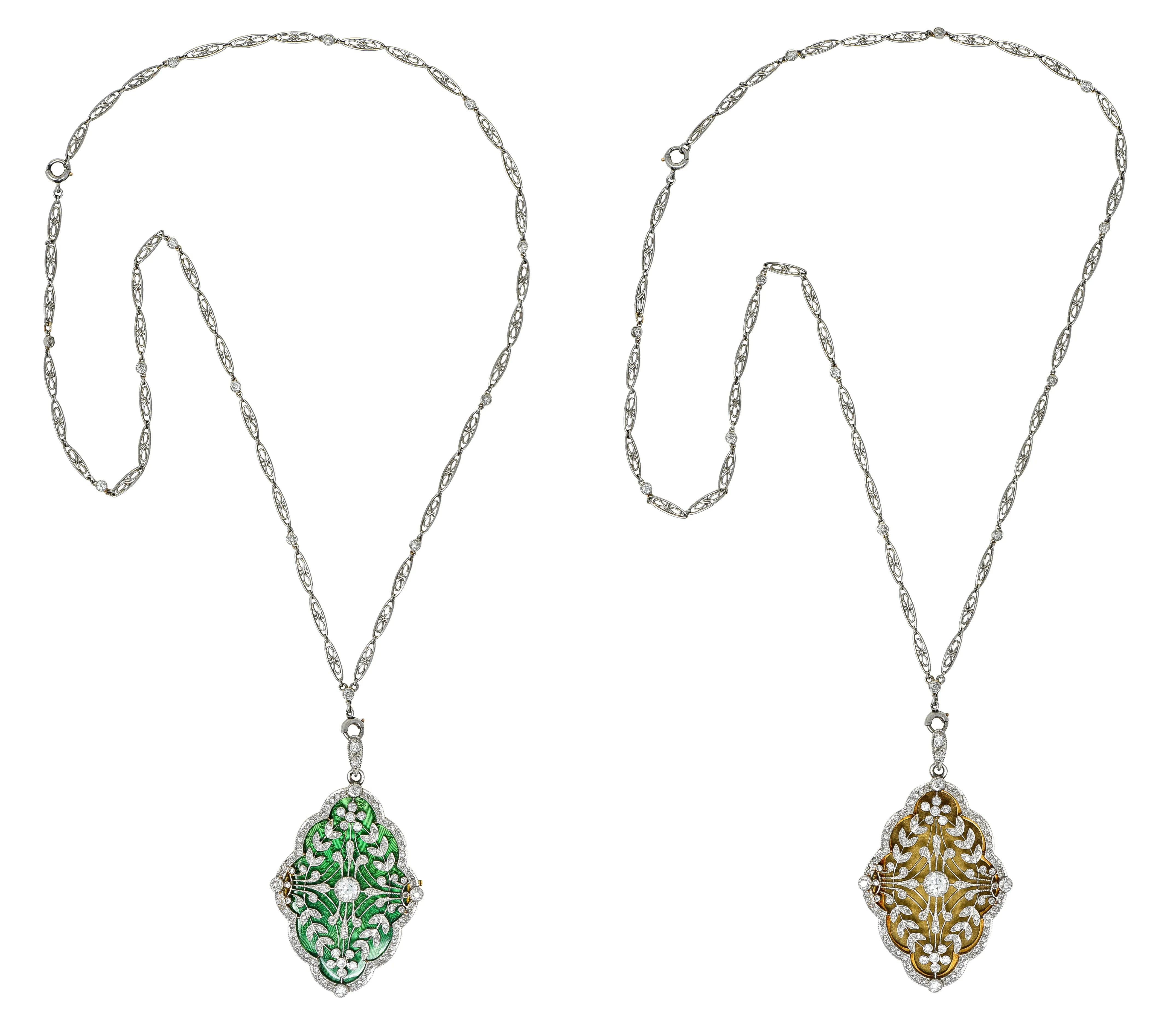 Belle Epoque Diamond Antique Enamel Platinum 18 Karat Gold Convertible Locket Pendant Necklace