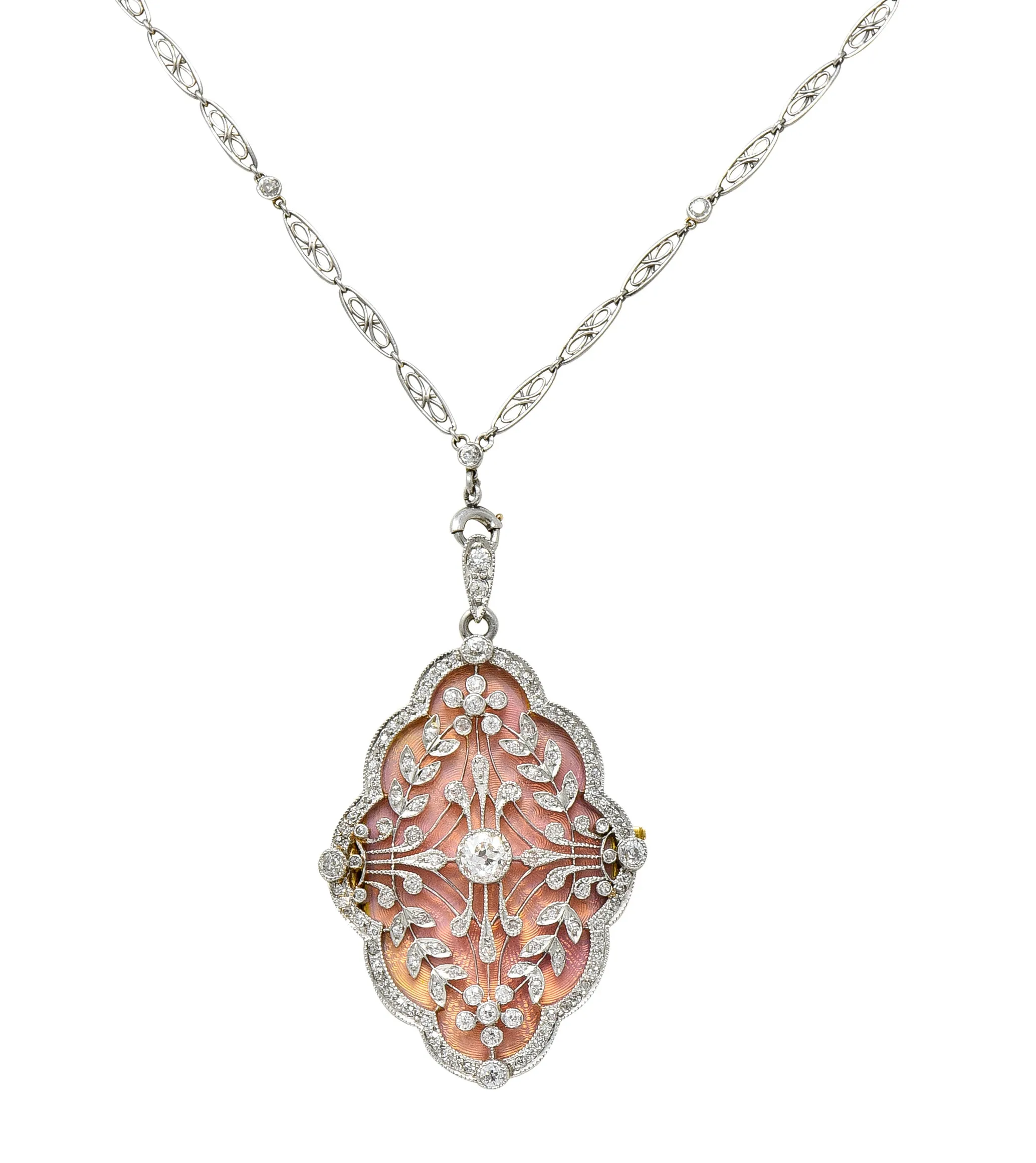 Belle Epoque Diamond Antique Enamel Platinum 18 Karat Gold Convertible Locket Pendant Necklace