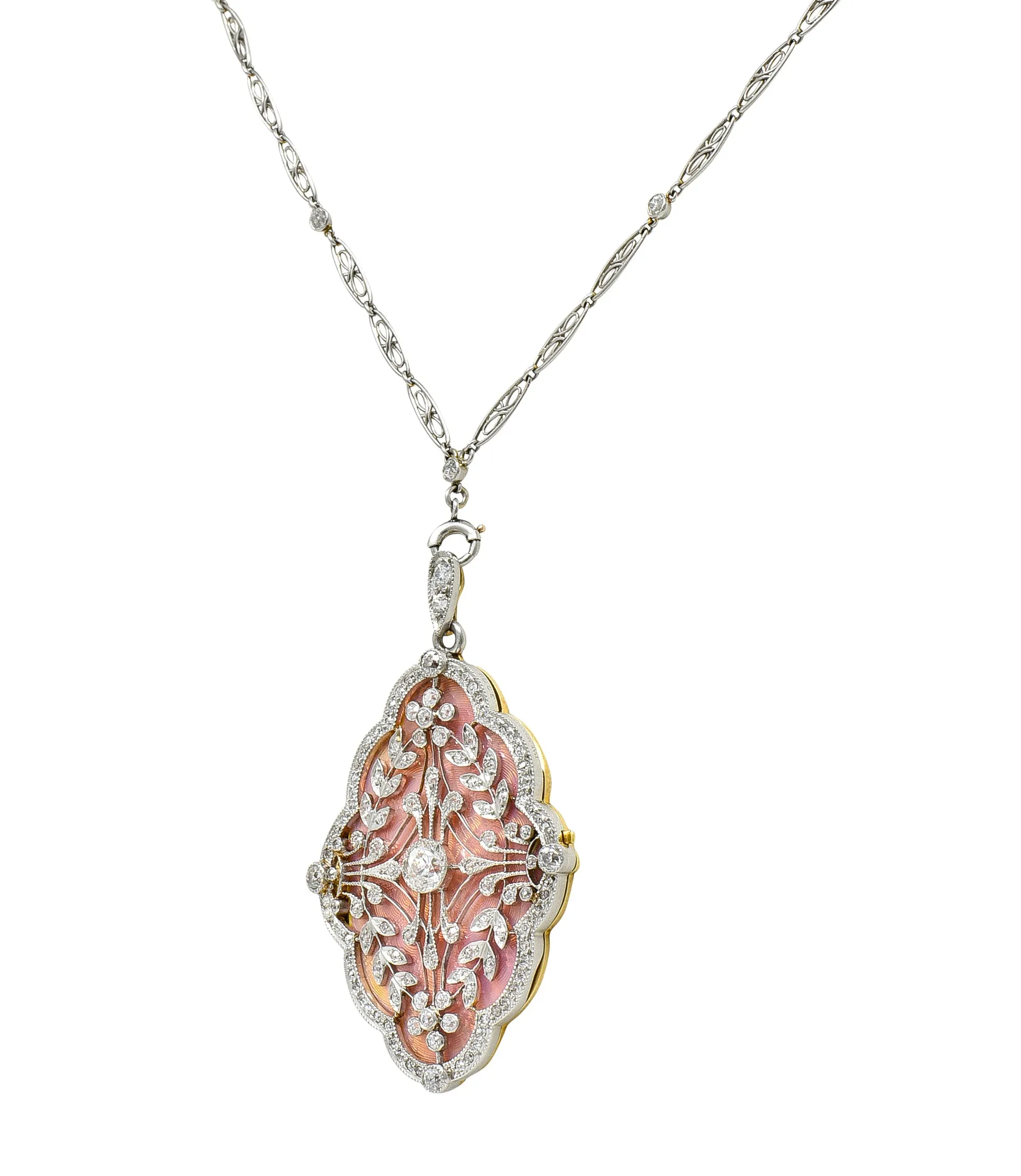 Belle Epoque Diamond Antique Enamel Platinum 18 Karat Gold Convertible Locket Pendant Necklace