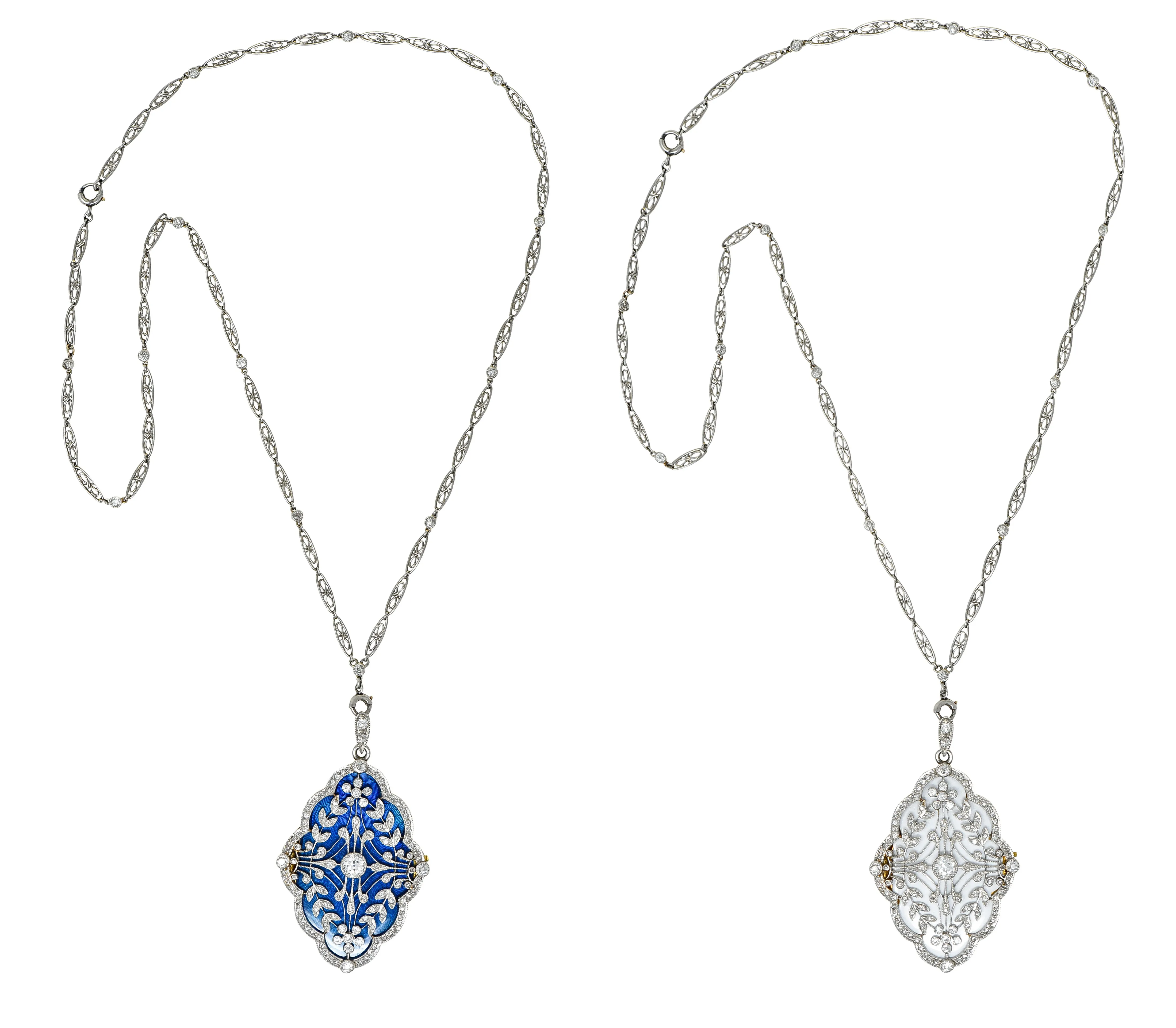 Belle Epoque Diamond Antique Enamel Platinum 18 Karat Gold Convertible Locket Pendant Necklace