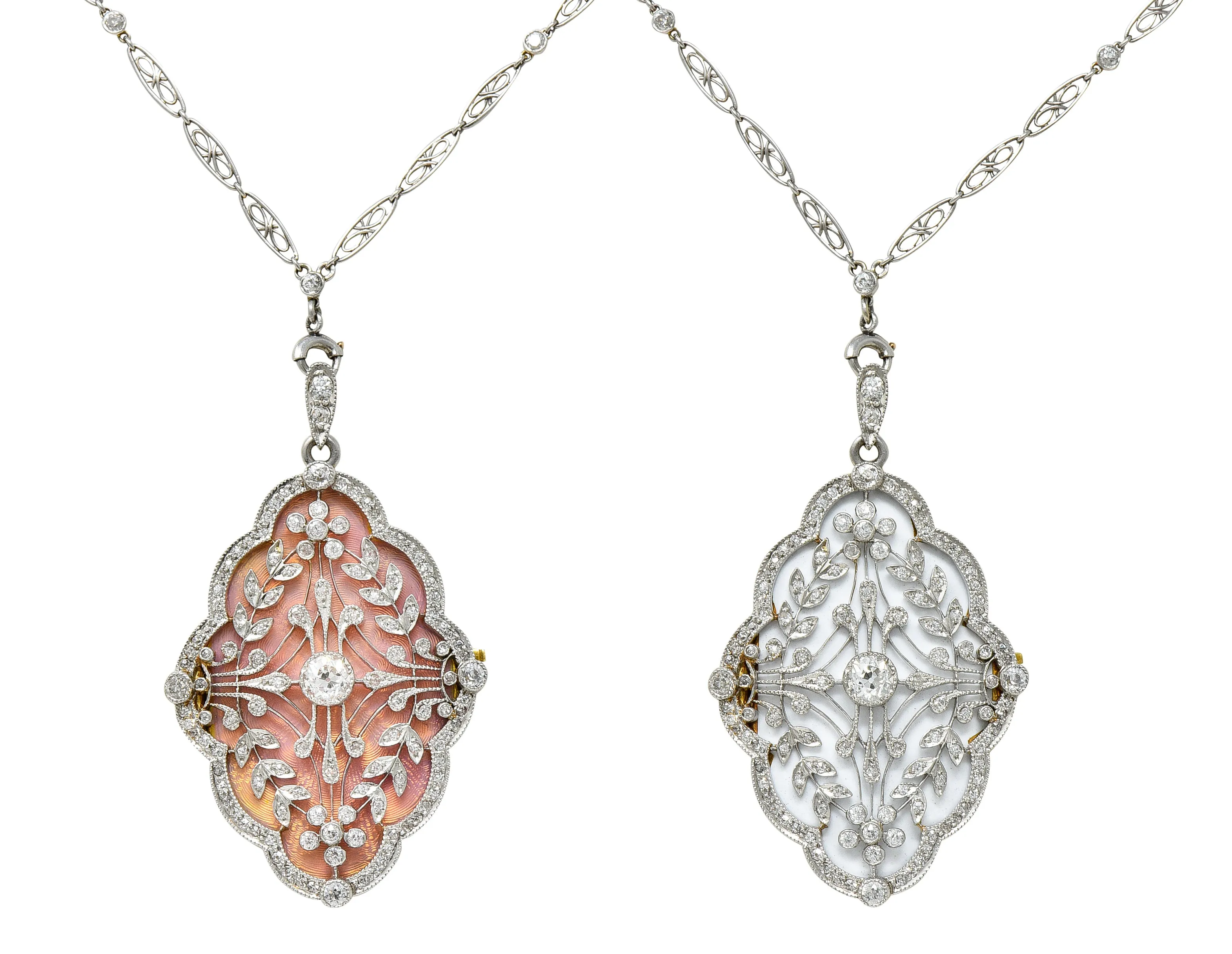 Belle Epoque Diamond Antique Enamel Platinum 18 Karat Gold Convertible Locket Pendant Necklace
