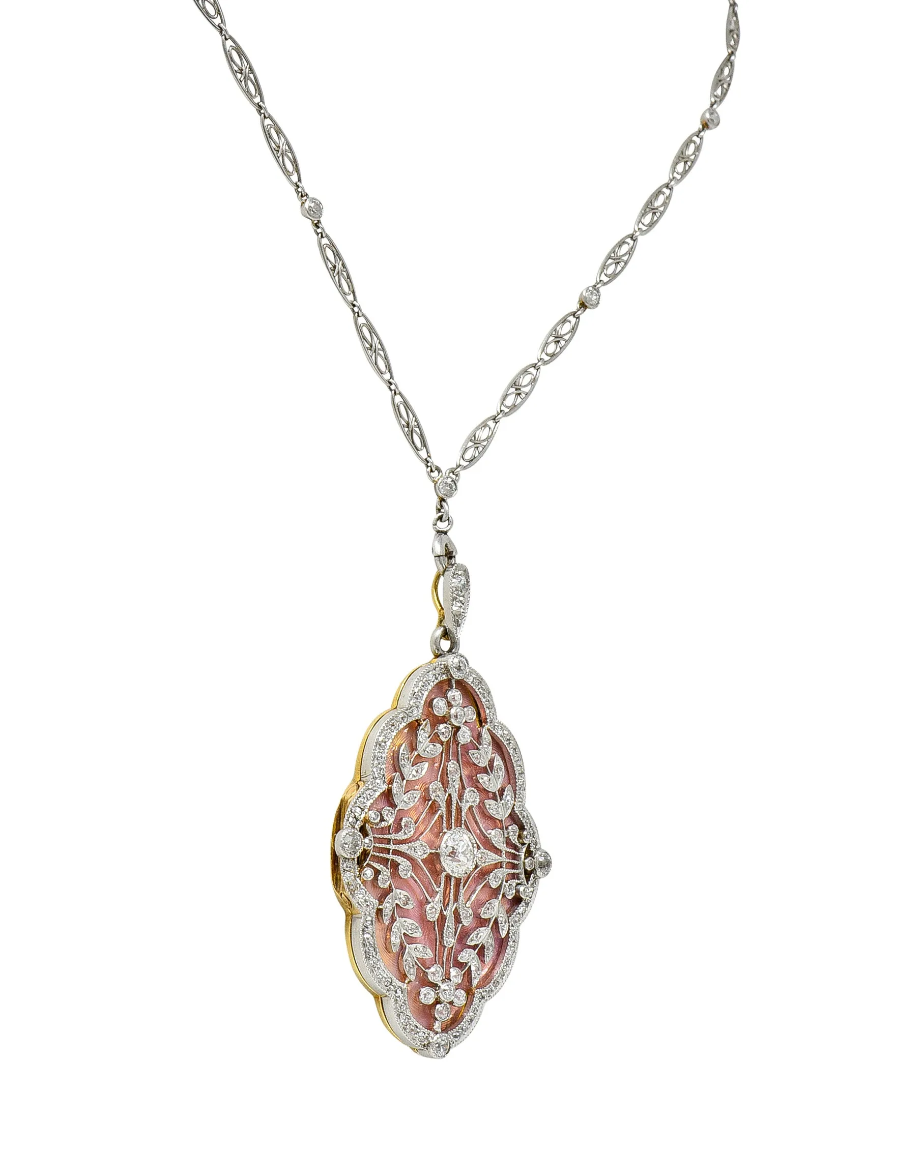 Belle Epoque Diamond Antique Enamel Platinum 18 Karat Gold Convertible Locket Pendant Necklace