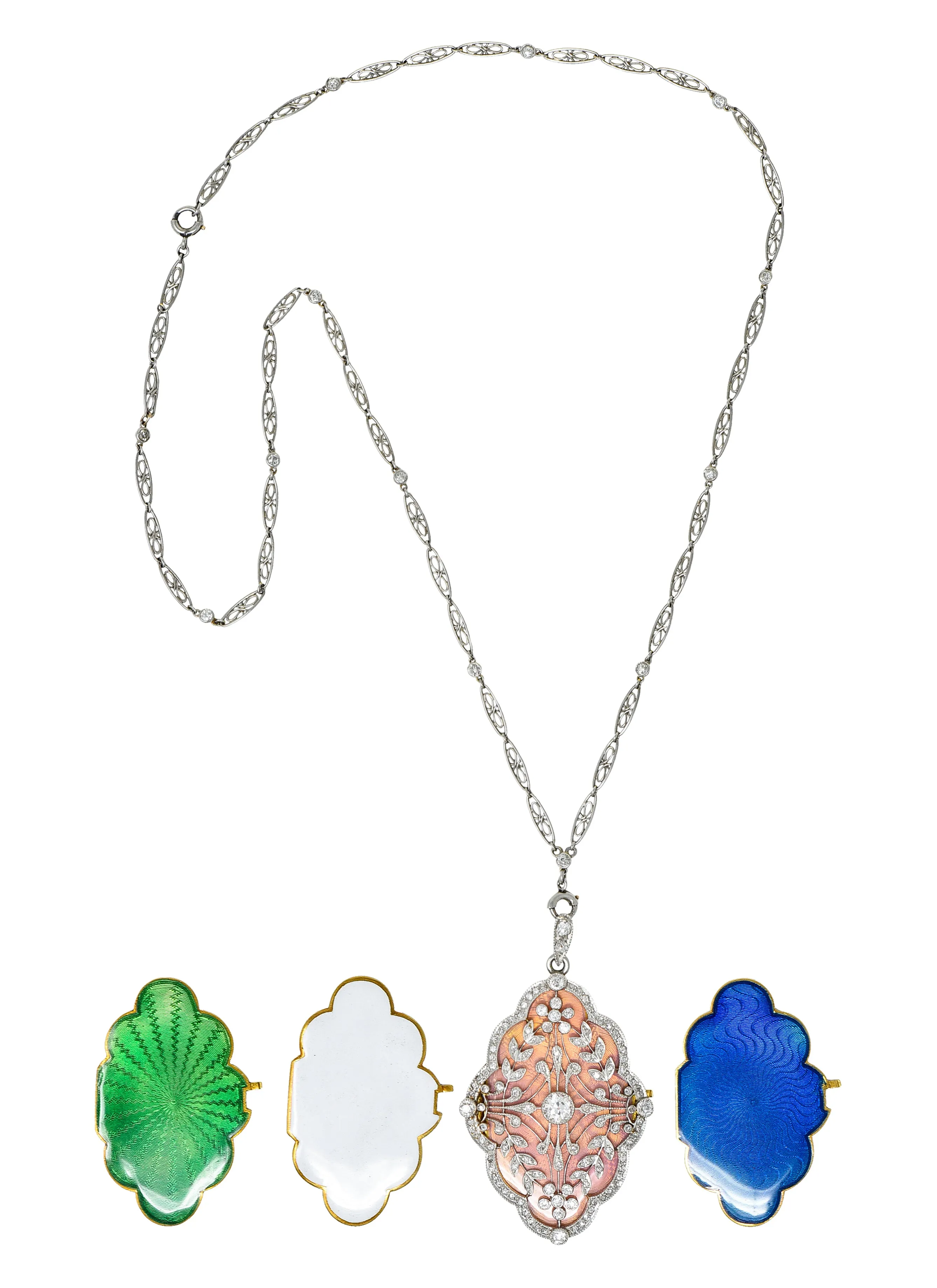 Belle Epoque Diamond Antique Enamel Platinum 18 Karat Gold Convertible Locket Pendant Necklace