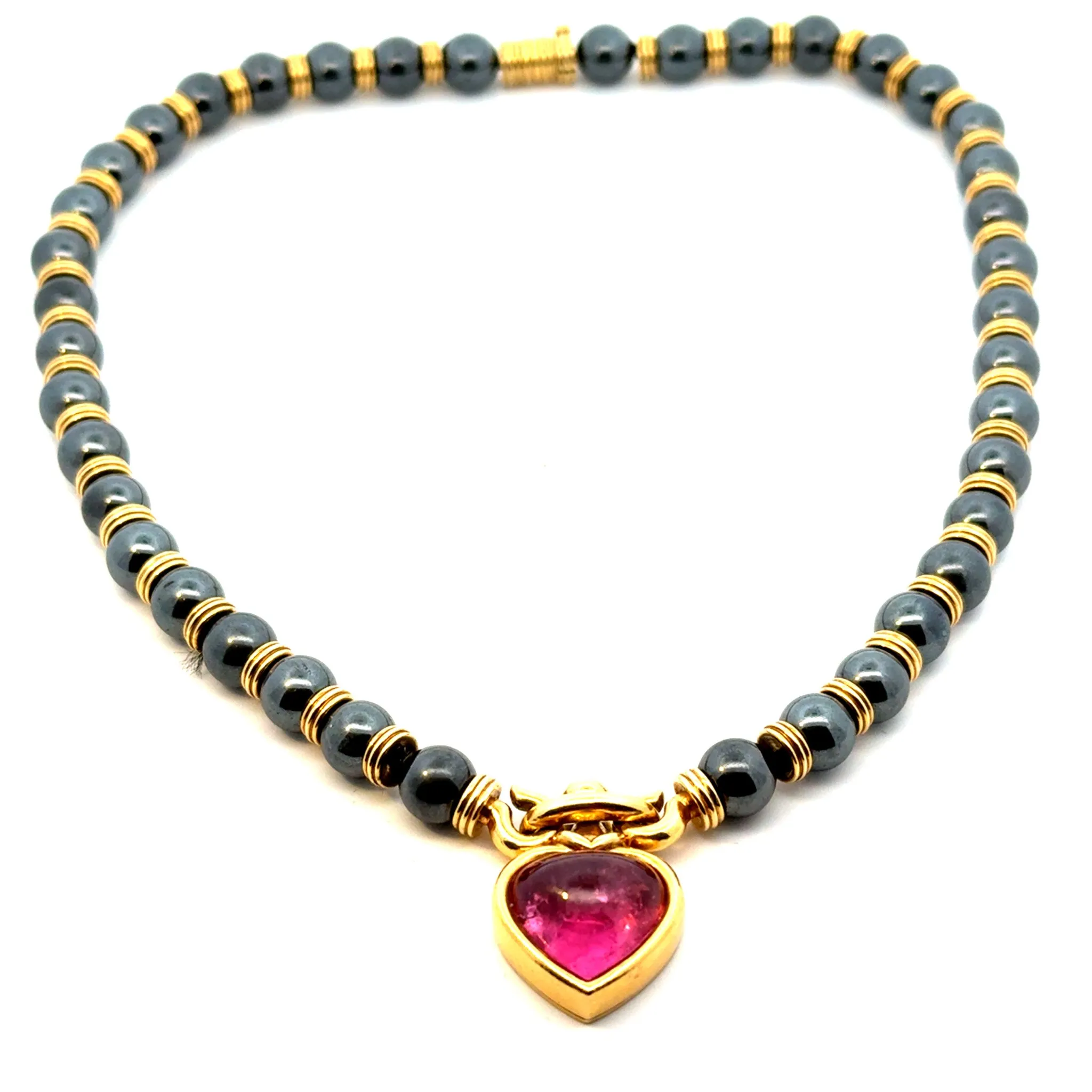 Bulgari 1970s 18KT Yellow Gold Tourmaline & Hematite Heart Necklace