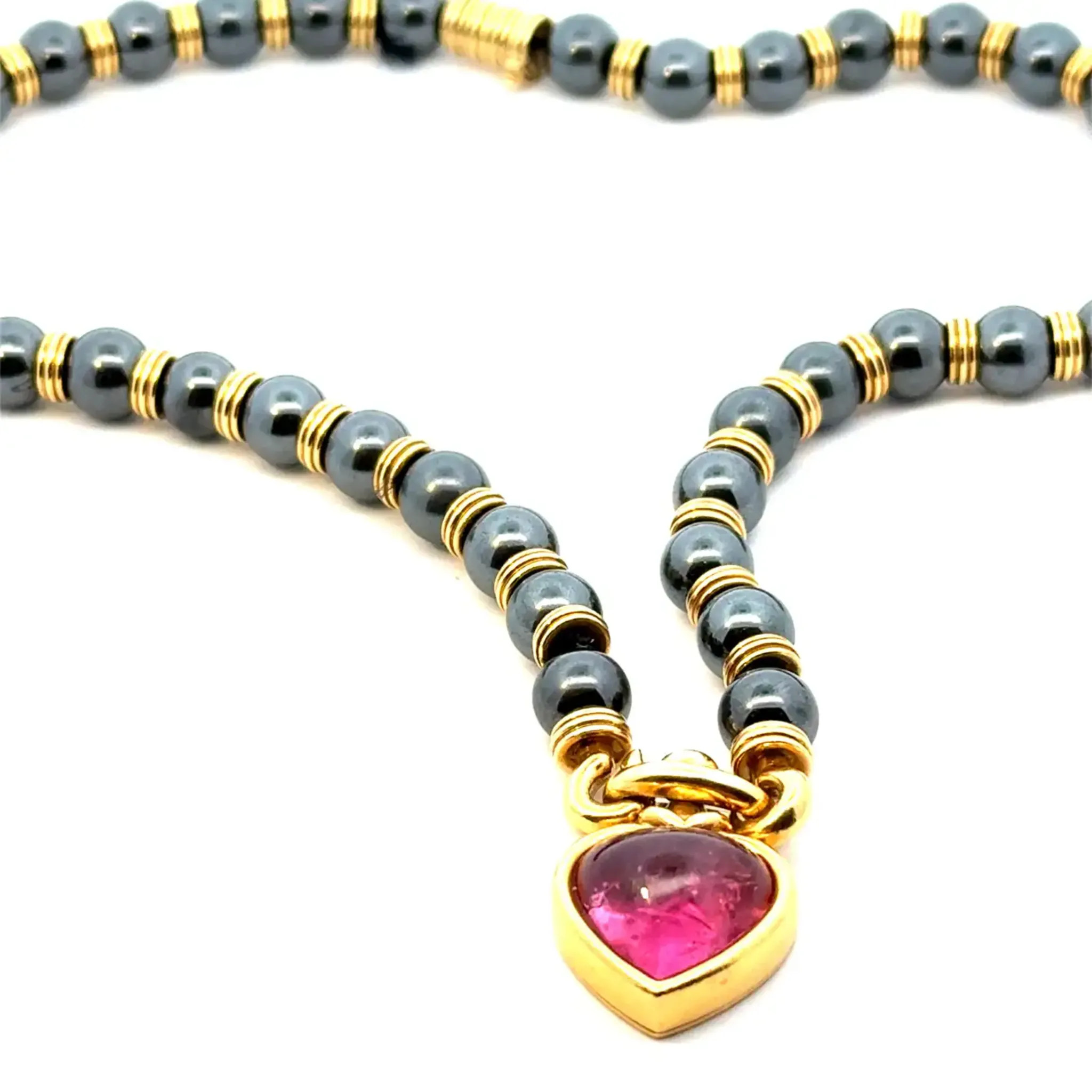 Bulgari 1970s 18KT Yellow Gold Tourmaline & Hematite Heart Necklace