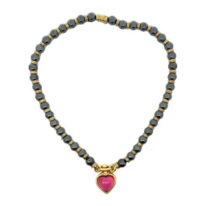 Bulgari 1970s 18KT Yellow Gold Tourmaline & Hematite Heart Necklace