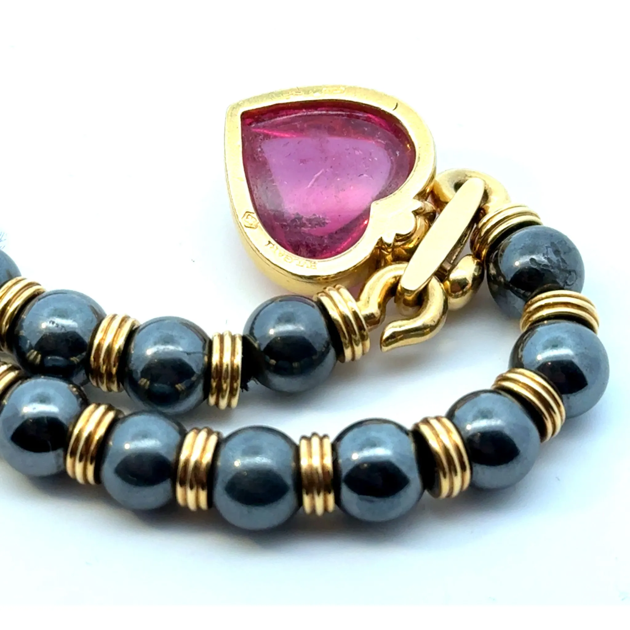 Bulgari 1970s 18KT Yellow Gold Tourmaline & Hematite Heart Necklace