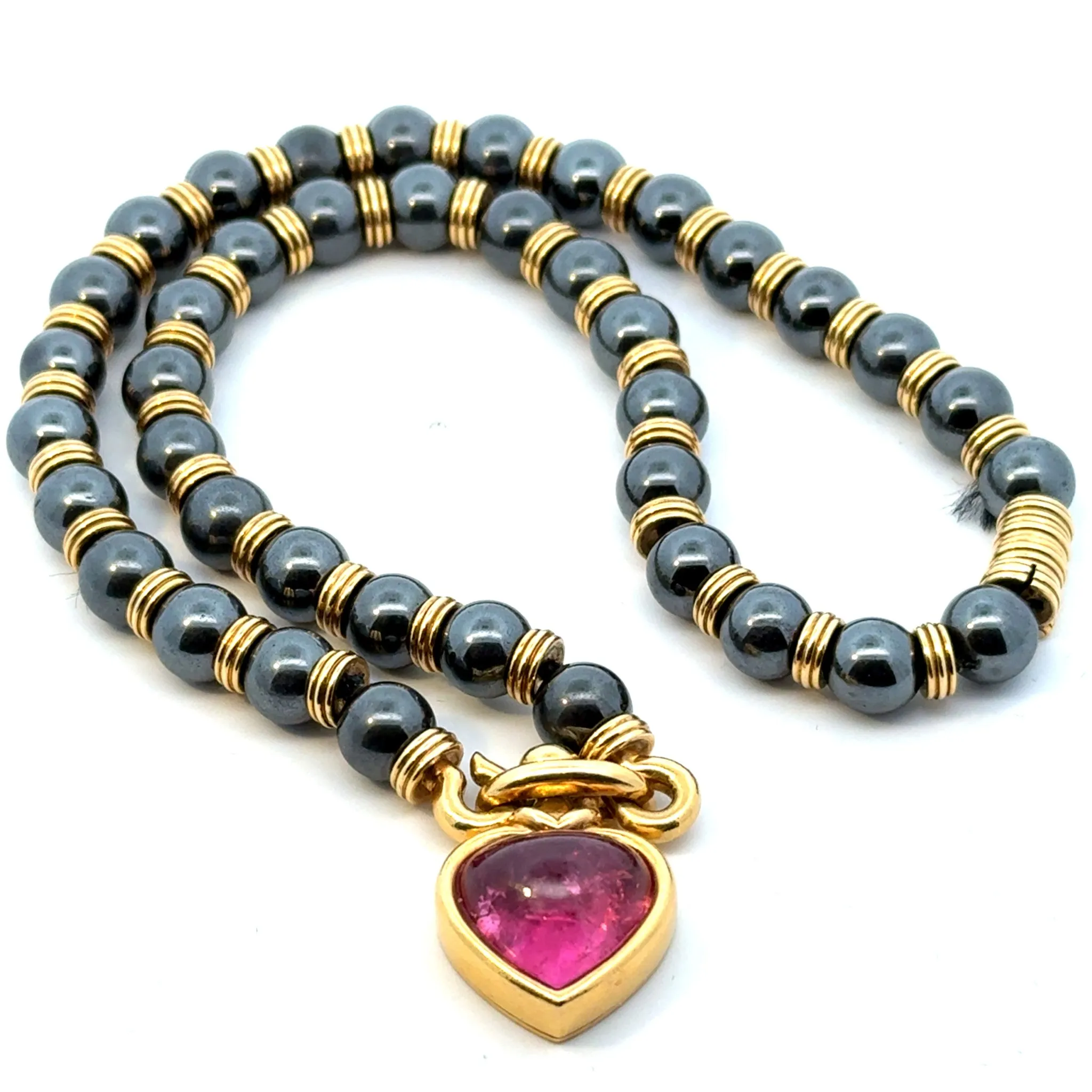 Bulgari 1970s 18KT Yellow Gold Tourmaline & Hematite Heart Necklace