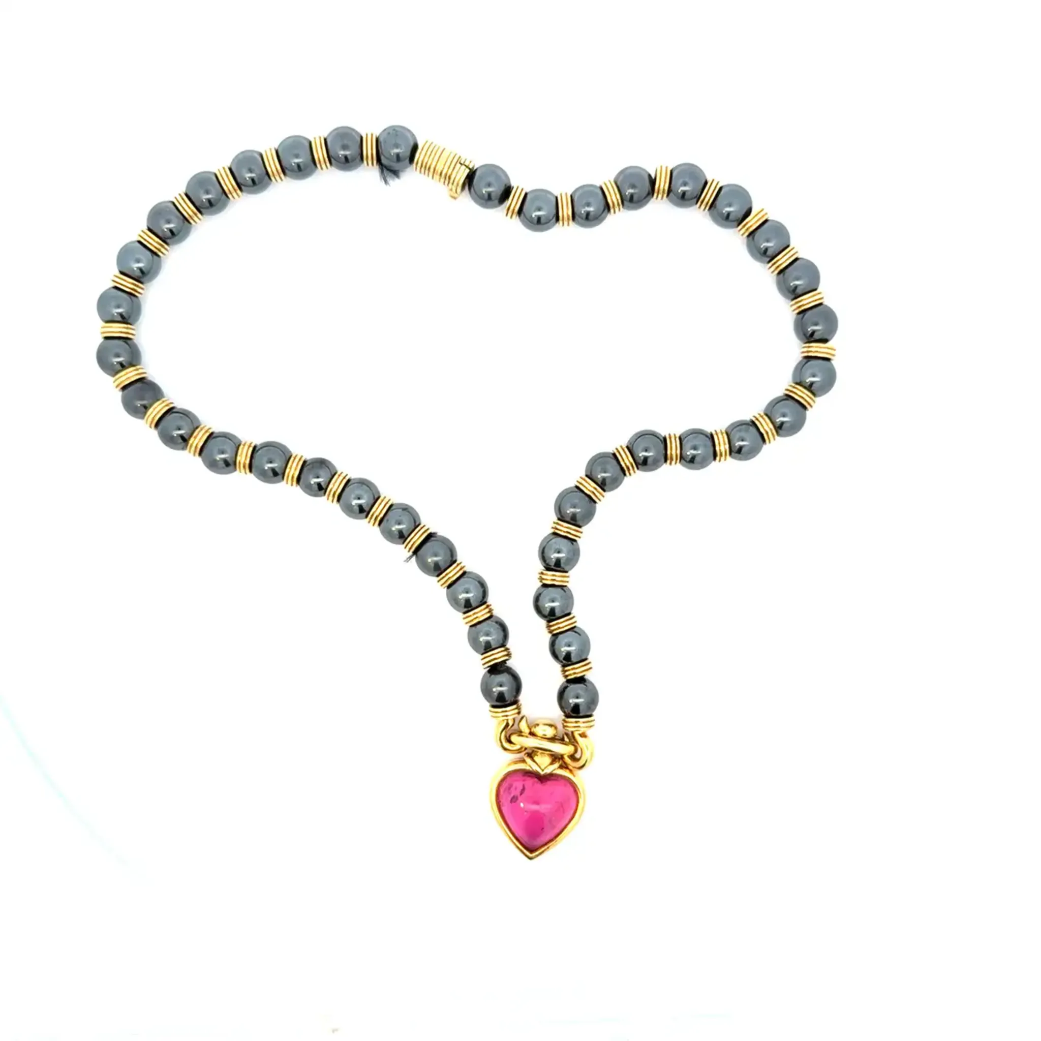 Bulgari 1970s 18KT Yellow Gold Tourmaline & Hematite Heart Necklace