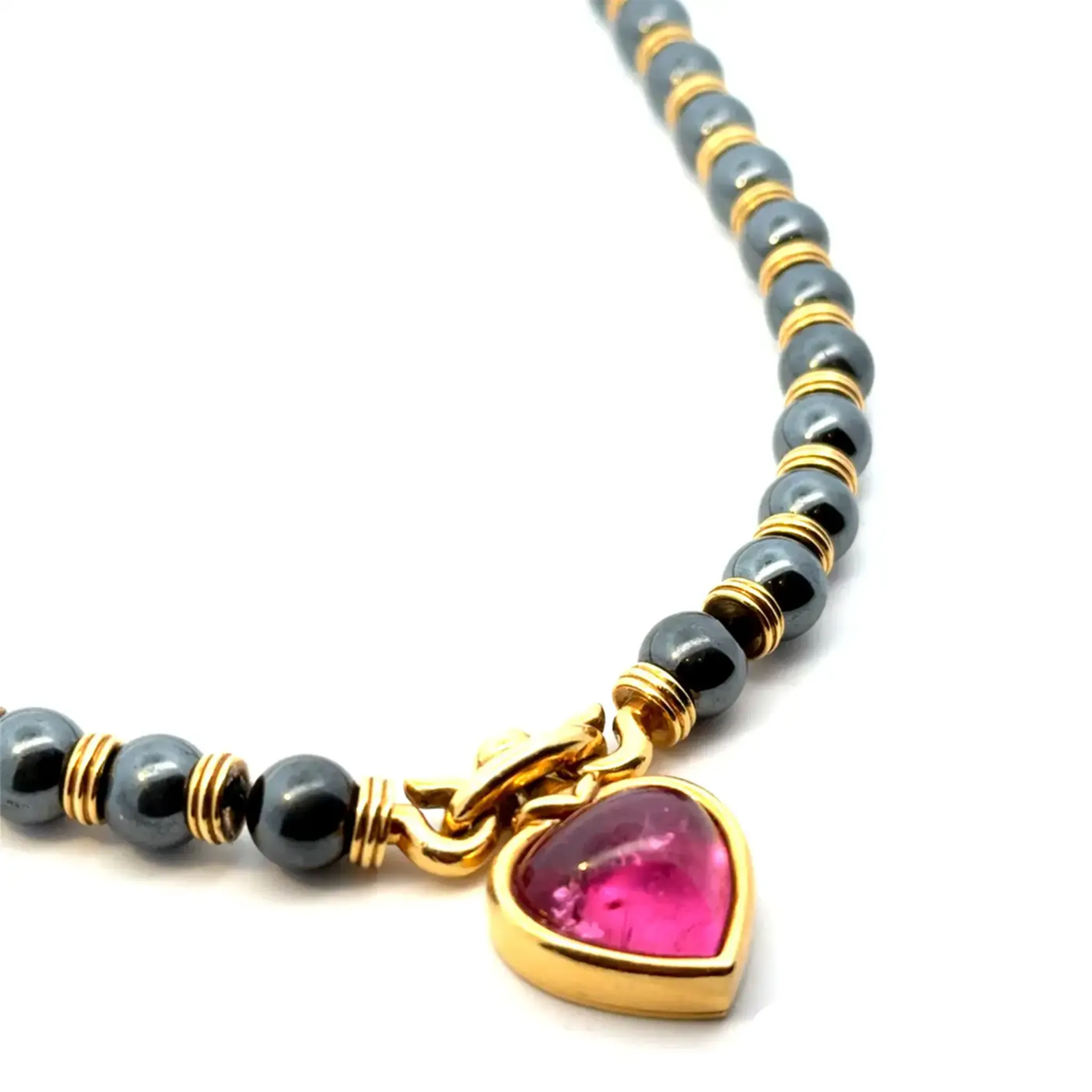 Bulgari 1970s 18KT Yellow Gold Tourmaline & Hematite Heart Necklace