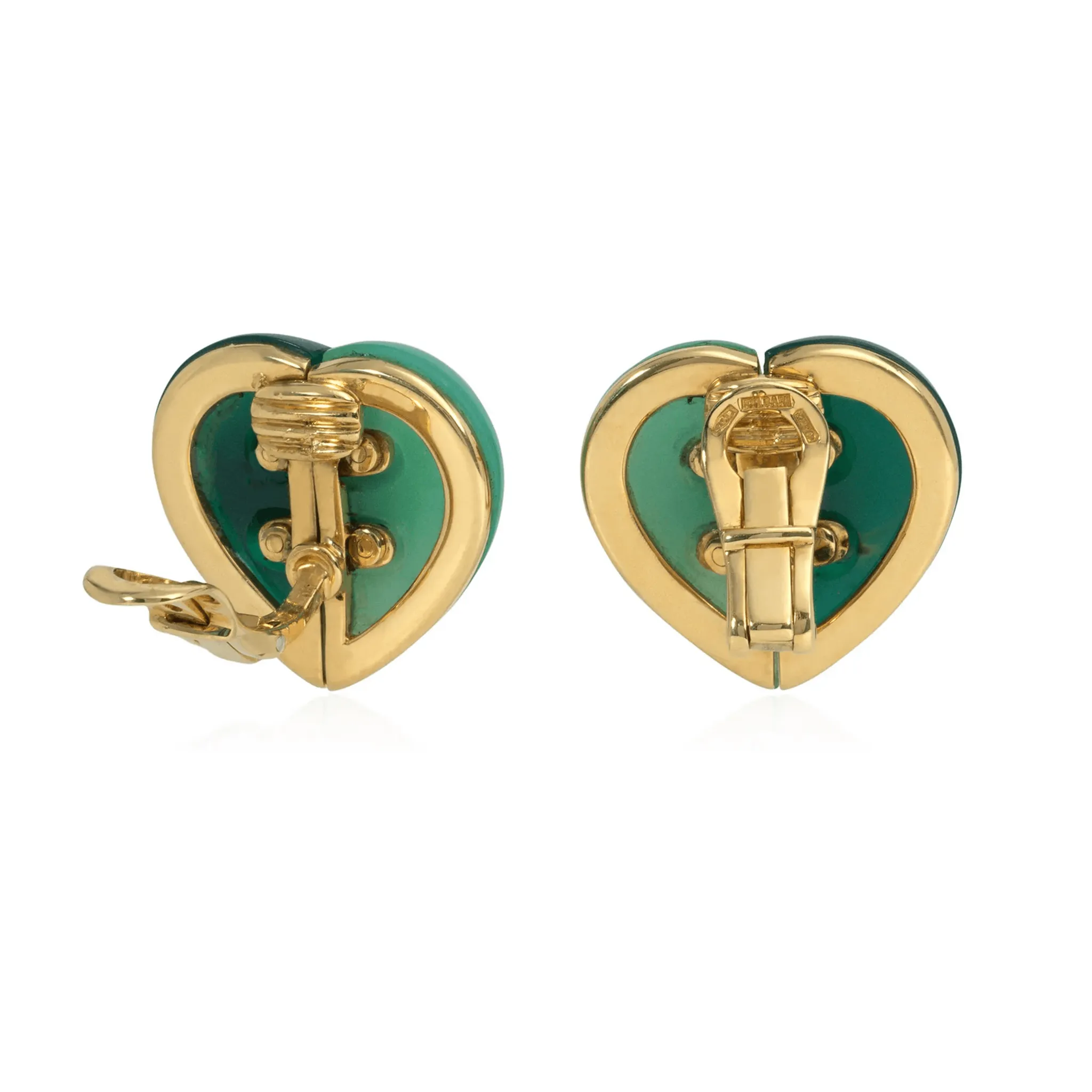 Bulgari 1980s 18KT Yellow Gold Chrysoprase & Jasper Heart Earrings