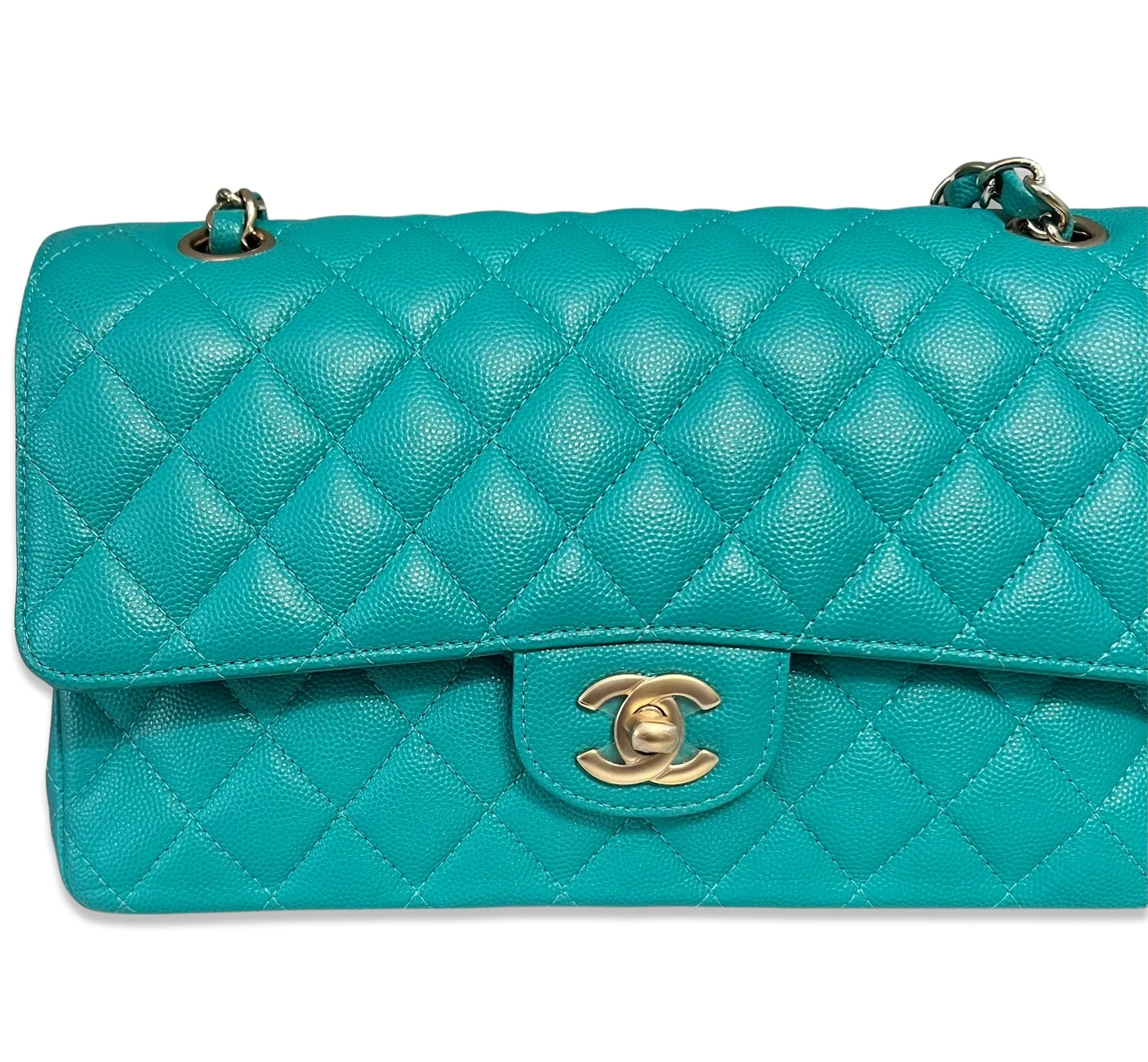 Chanel Timeless Classic Medium M/L 17C Turquoise Caviar/Grained Calfskin Gold-tone Hardware
