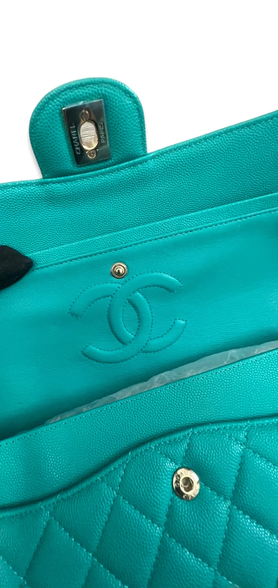 Chanel Timeless Classic Medium M/L 17C Turquoise Caviar/Grained Calfskin Gold-tone Hardware