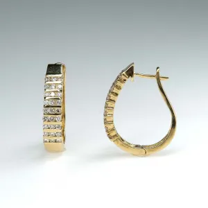 Channel Set Diamond Accented J Hoop Latch Back Earrings in 14K Yellow Gold