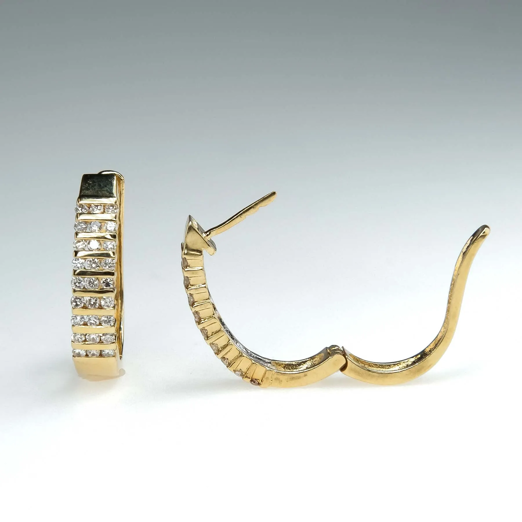 Channel Set Diamond Accented J Hoop Latch Back Earrings in 14K Yellow Gold