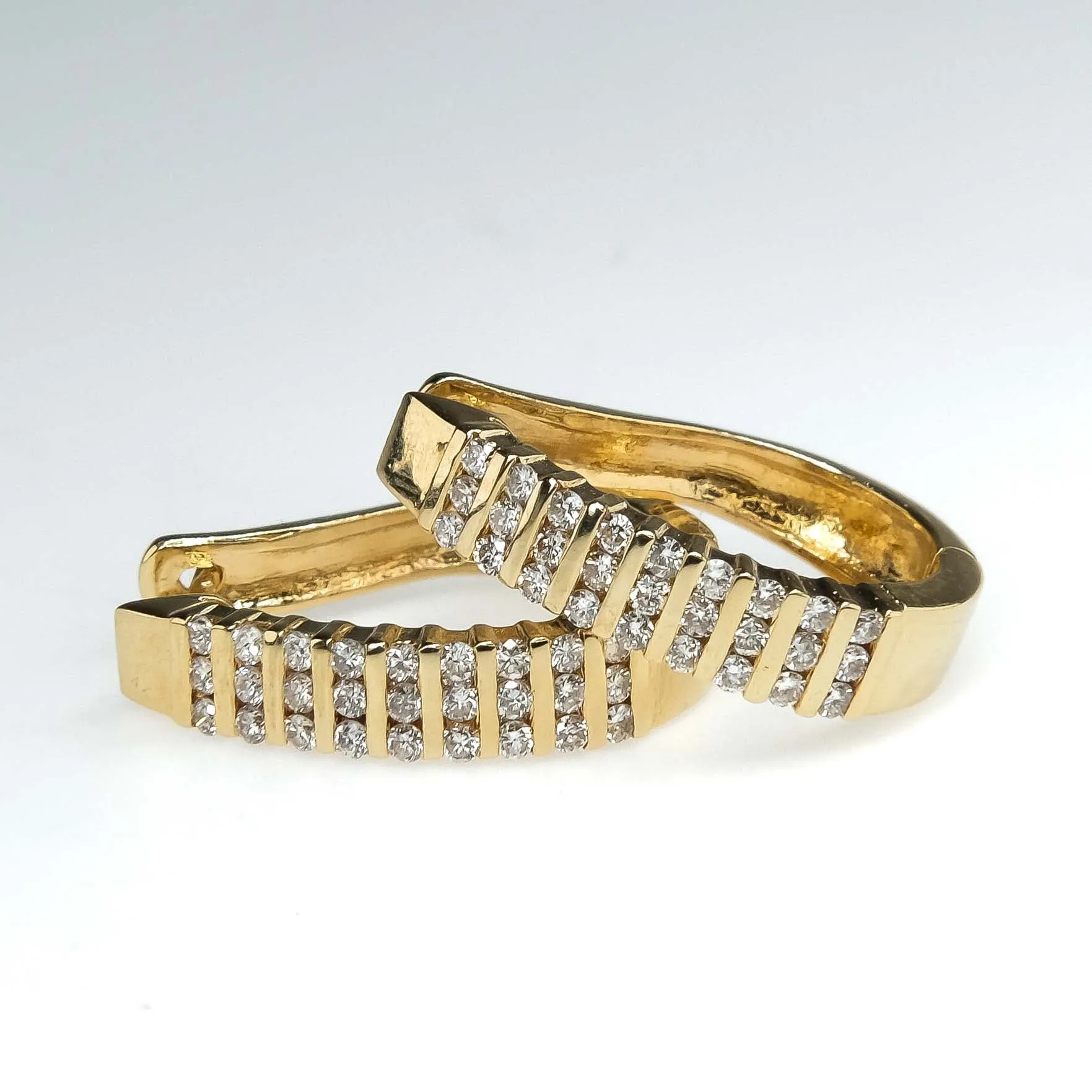 Channel Set Diamond Accented J Hoop Latch Back Earrings in 14K Yellow Gold
