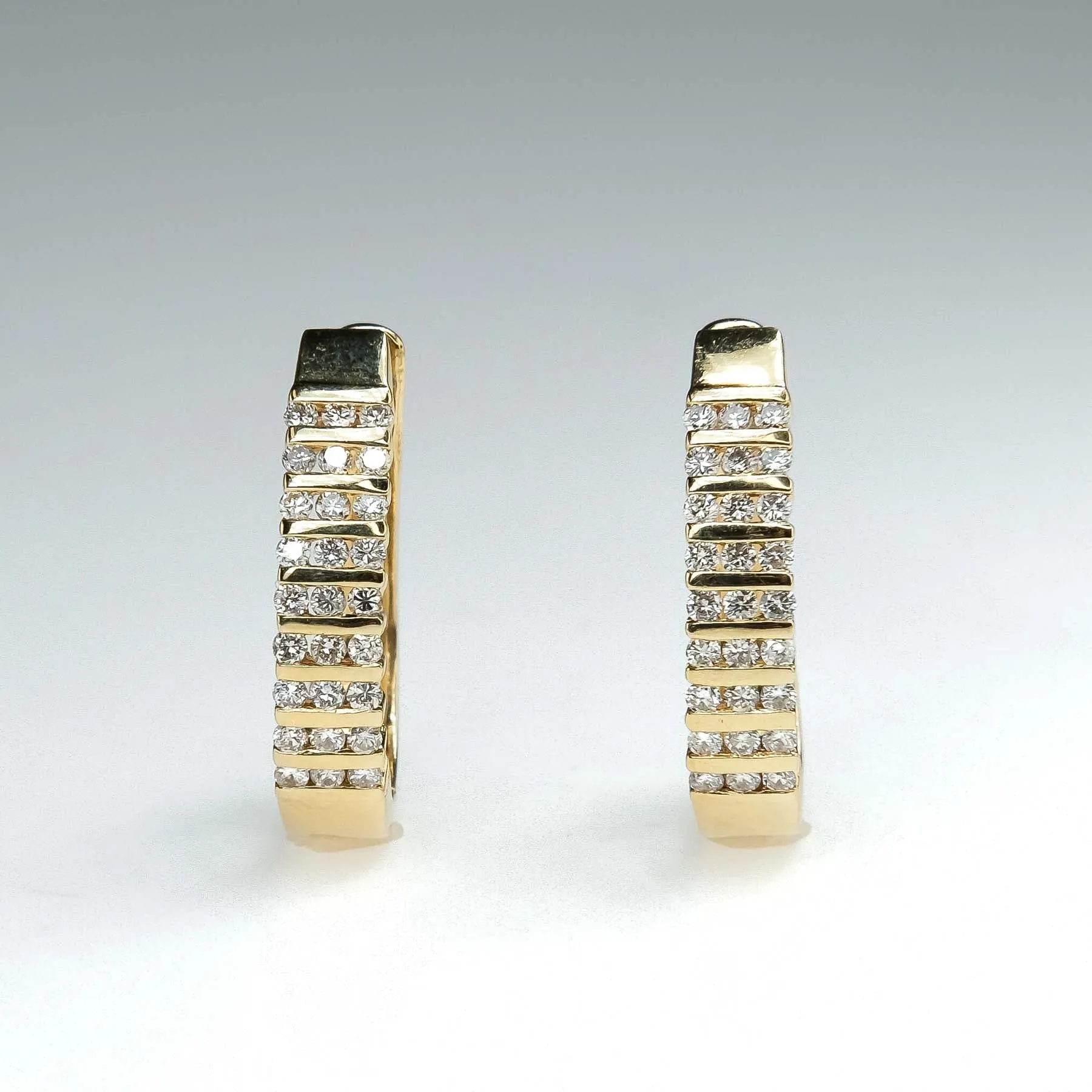 Channel Set Diamond Accented J Hoop Latch Back Earrings in 14K Yellow Gold