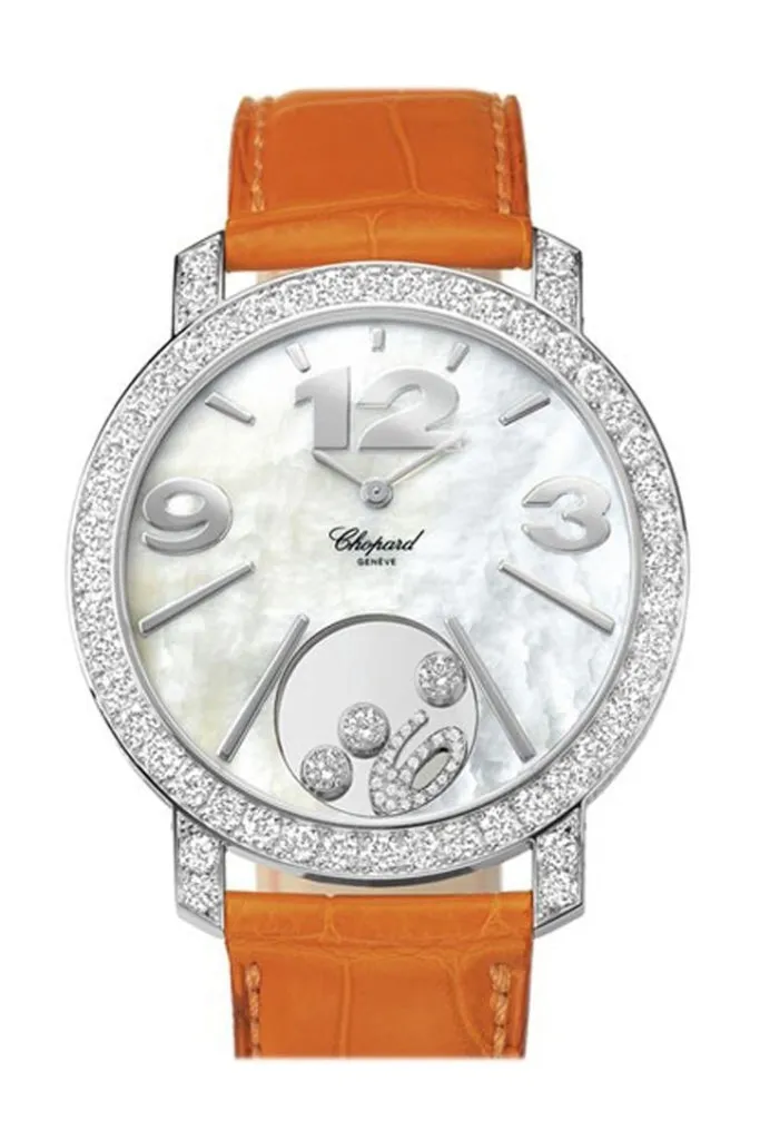 Chopard Happy Diamonds Mother of Pearl Dial 18kt White Gold Diamond Leather Ladies Watch 207450-1005