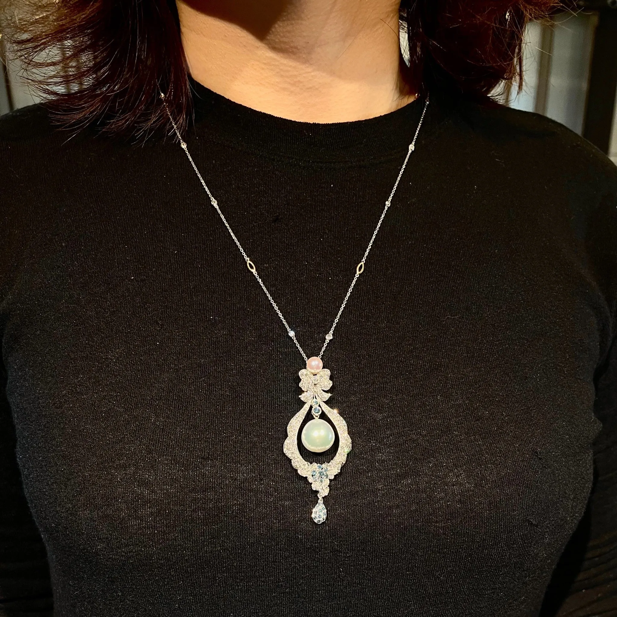 Contemporary 18KT White Gold Pearl, Diamond & Sapphire Pendant