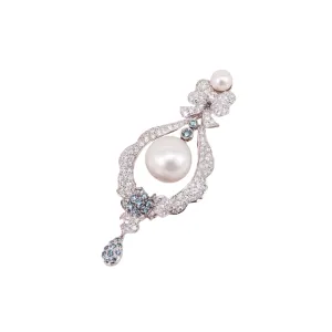 Contemporary 18KT White Gold Pearl, Diamond & Sapphire Pendant