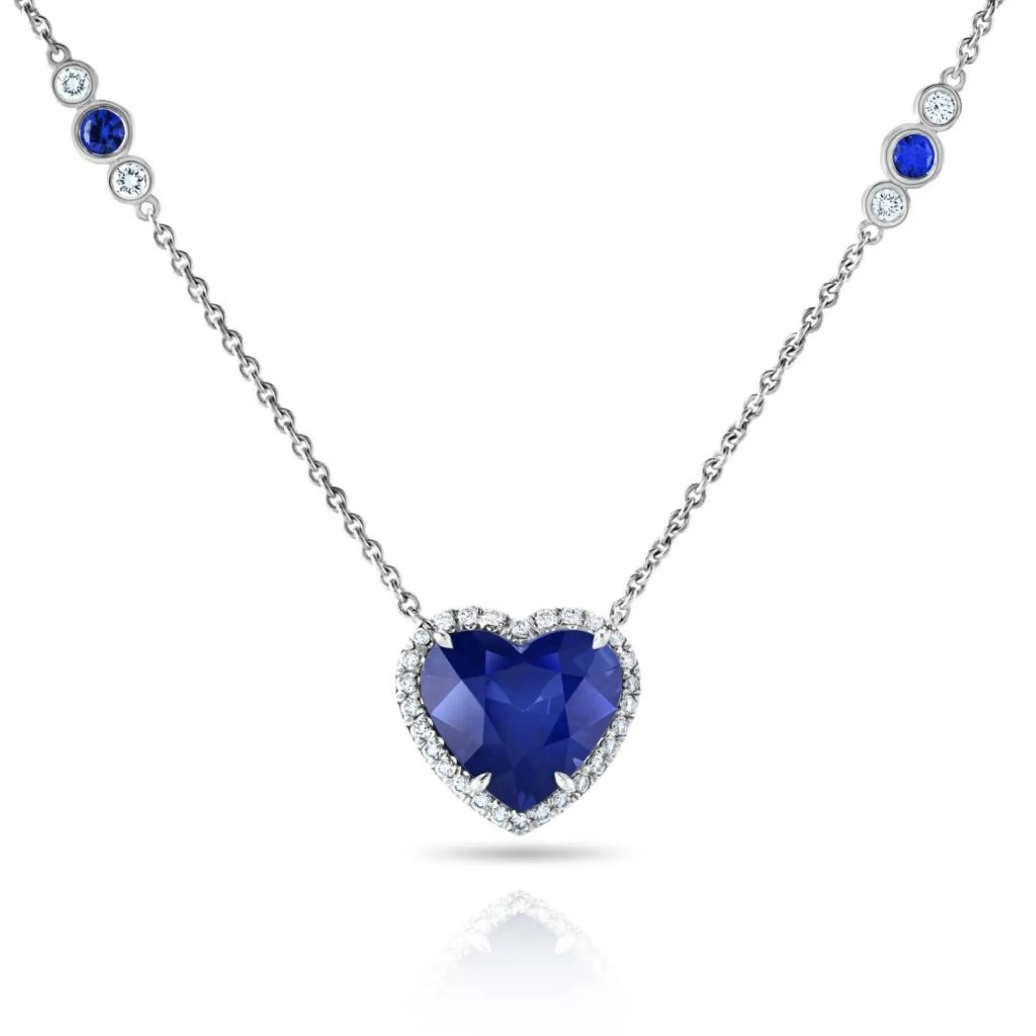 Contemporary Platinum Sapphire & Diamond Heart Necklace