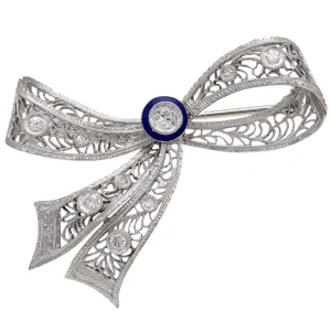 Edwardian 14k Diamond and Enamel Bow Pin
