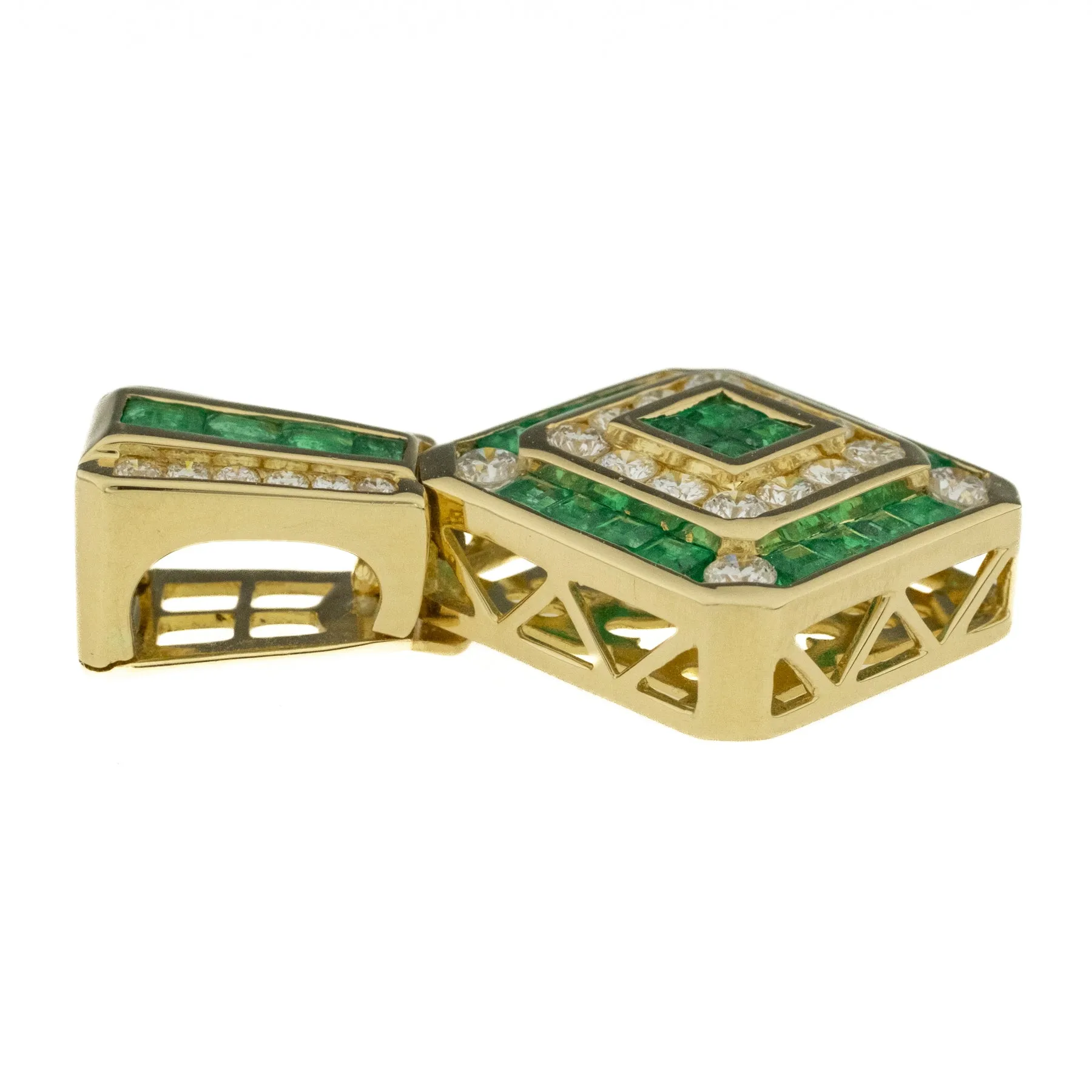 Emerald & Diamond Accents Halo Pendant in 18K Yellow Gold