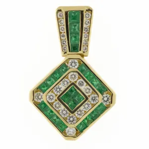 Emerald & Diamond Accents Halo Pendant in 18K Yellow Gold