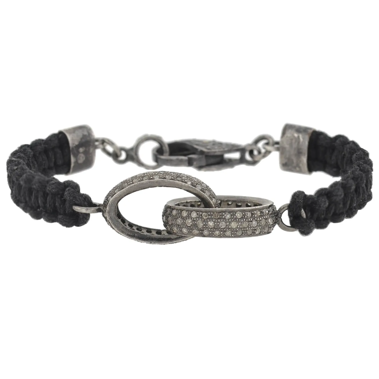 Estate Sterling Diamond Interlocking Link   Macram Cord Bracelet