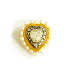 French Antique 18KT Yellow Gold Diamond & Pearl Heart Brooch