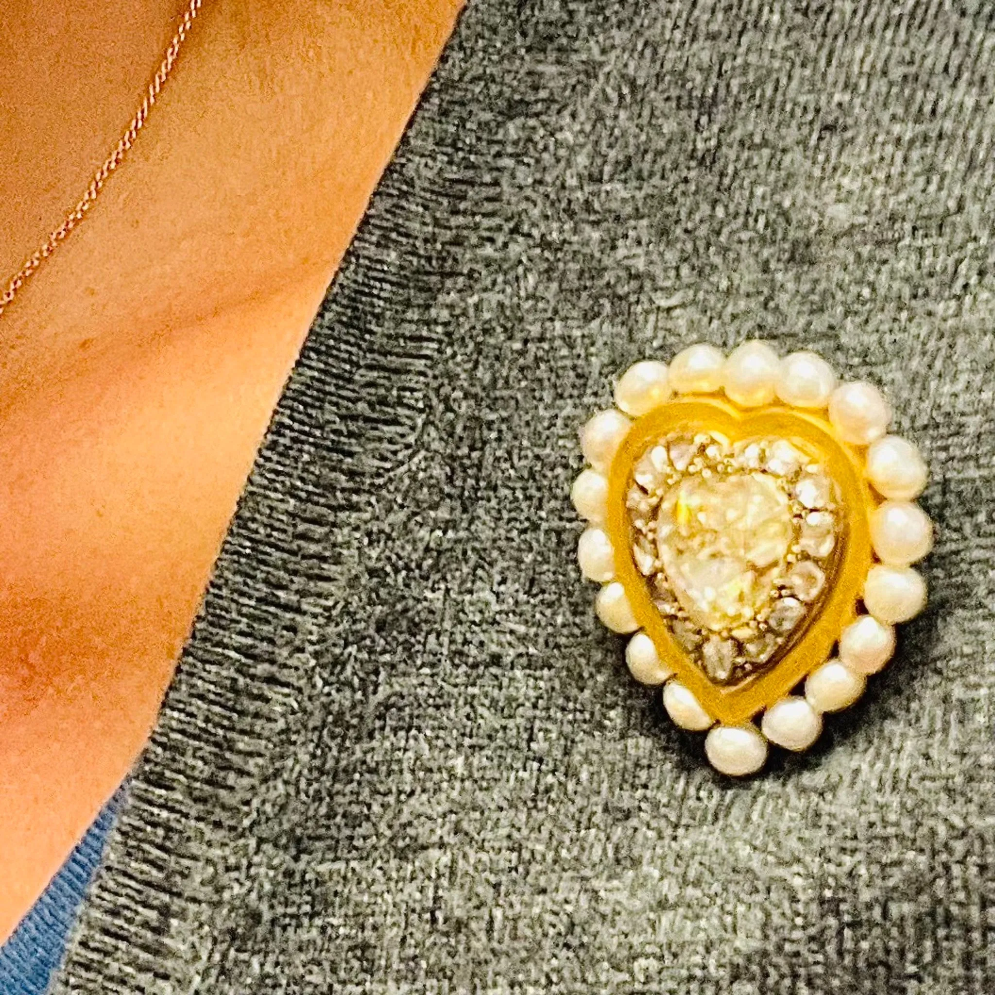 French Antique 18KT Yellow Gold Diamond & Pearl Heart Brooch