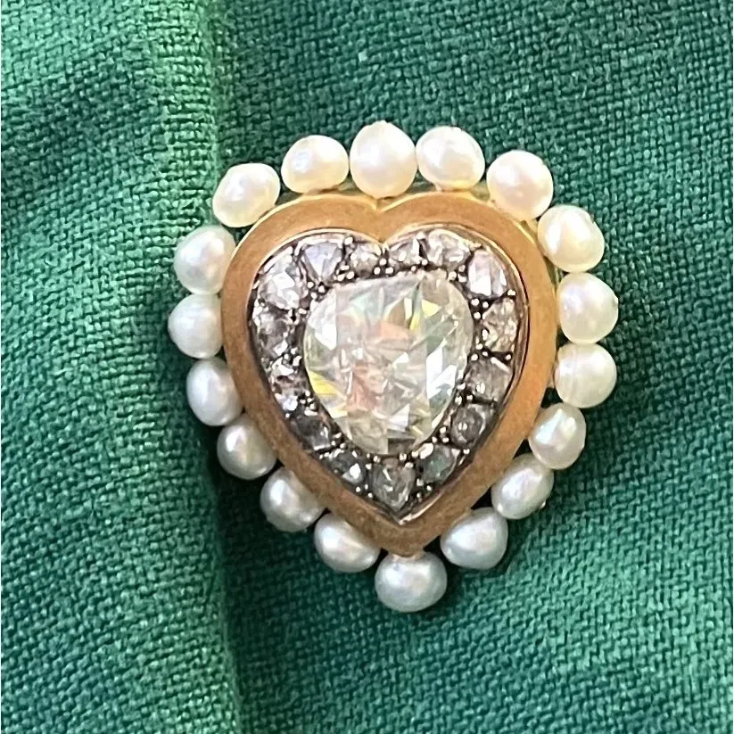 French Antique 18KT Yellow Gold Diamond & Pearl Heart Brooch
