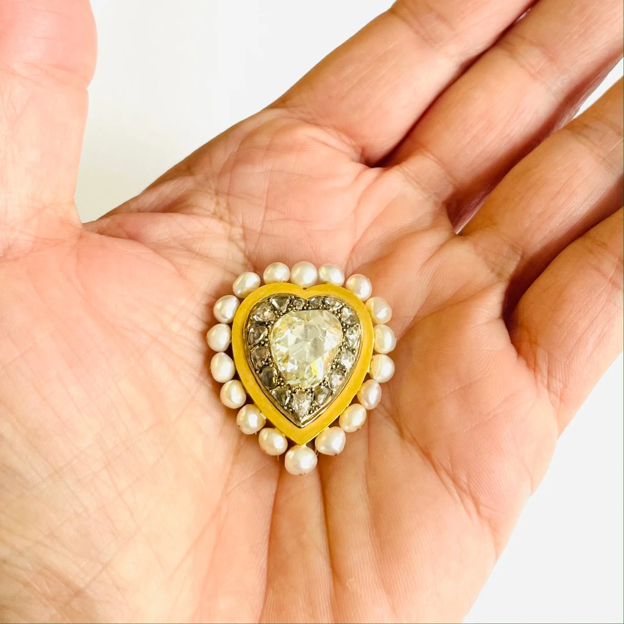 French Antique 18KT Yellow Gold Diamond & Pearl Heart Brooch