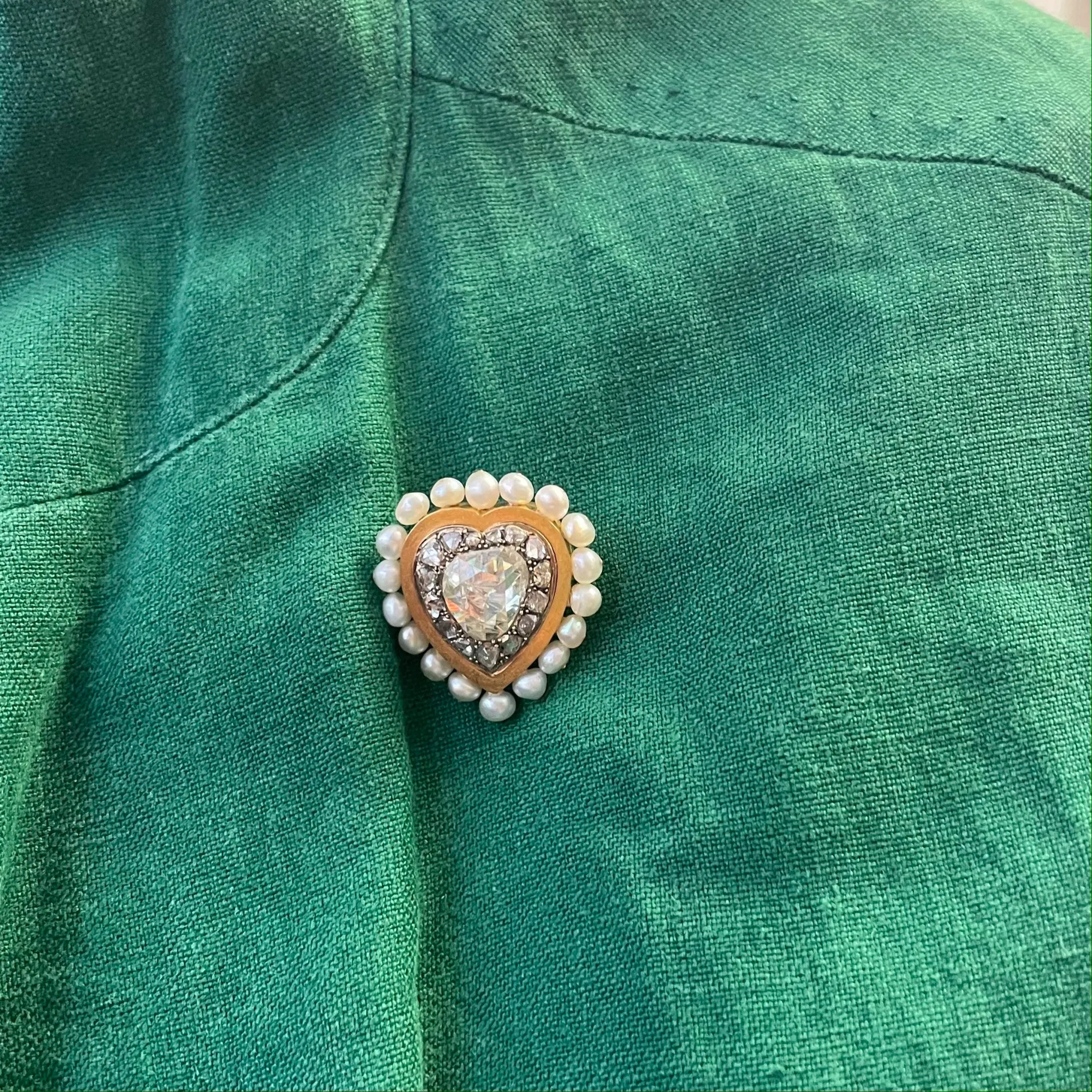French Antique 18KT Yellow Gold Diamond & Pearl Heart Brooch