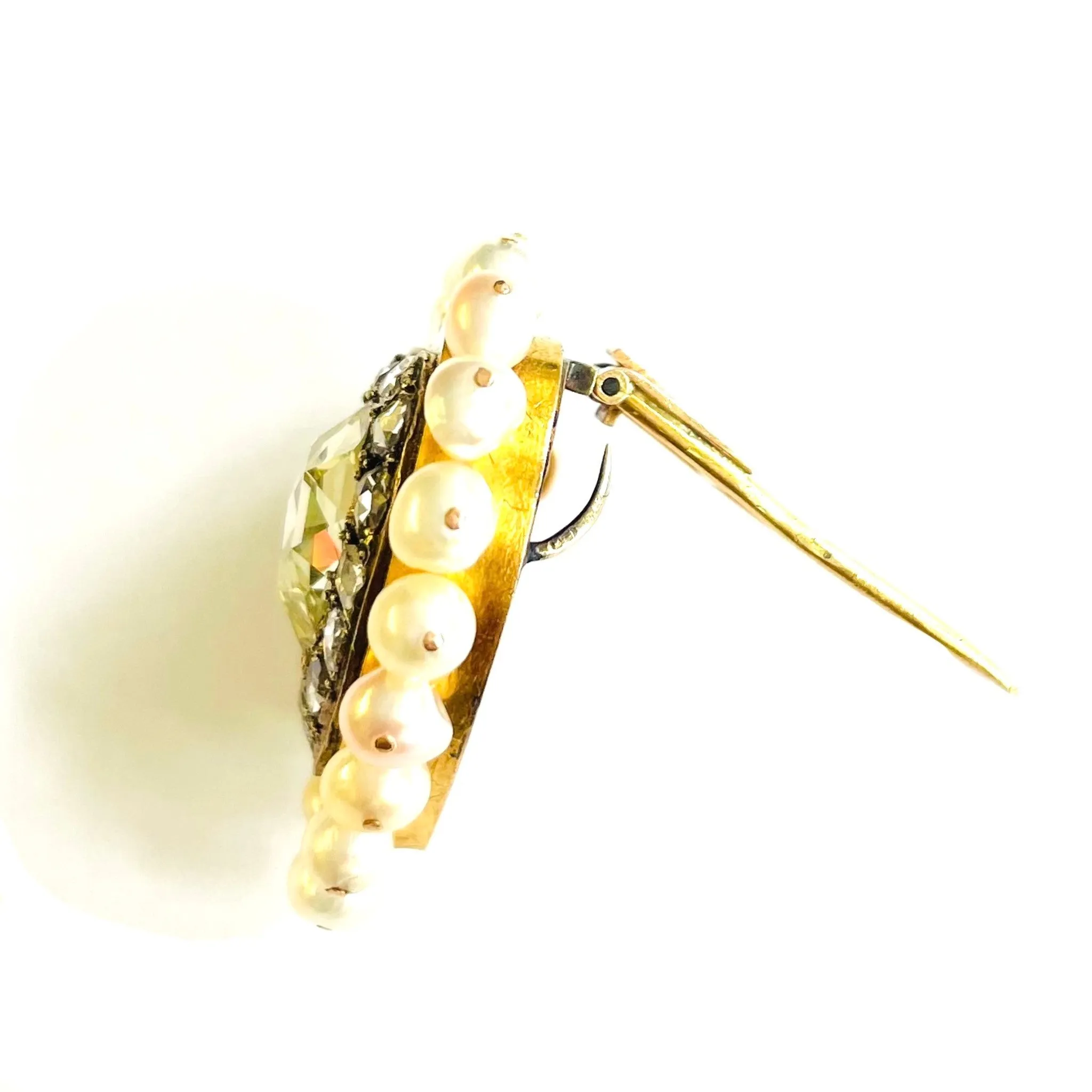 French Antique 18KT Yellow Gold Diamond & Pearl Heart Brooch
