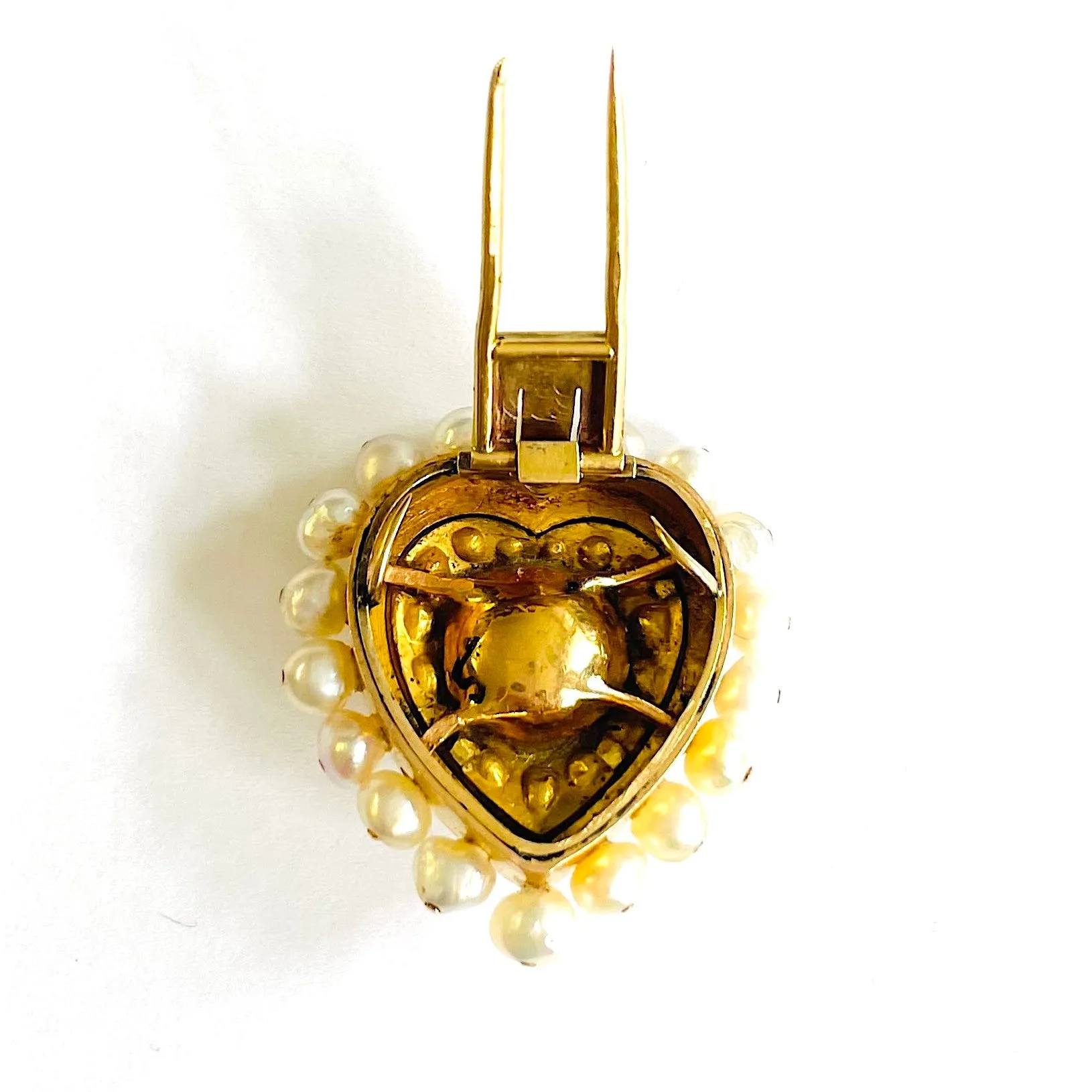 French Antique 18KT Yellow Gold Diamond & Pearl Heart Brooch
