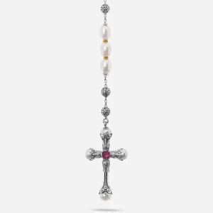 Konstantino Kleos Sterling Silver and 18K Yellow Gold, Pearl and Pink Tourmaline Lariat Necklace