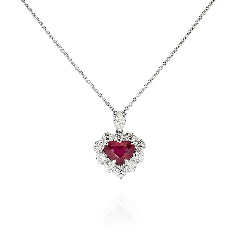 PLATINUM HEART SHAPE BURMESE RUBY & DIAMOND NECKLACE